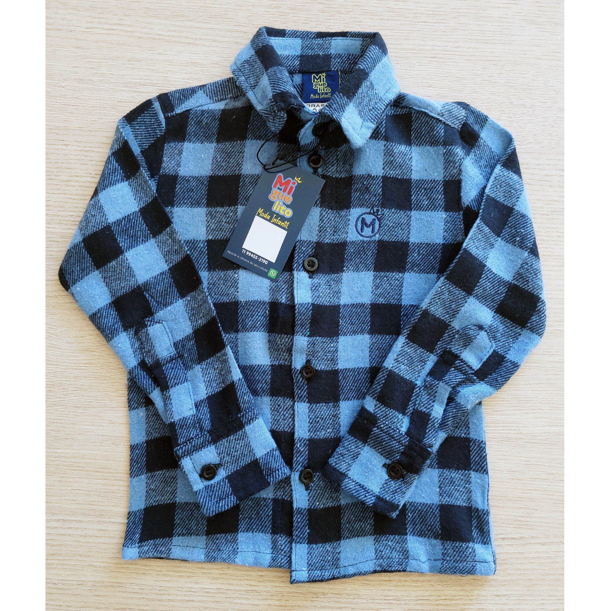 Camisa Xadrez Flanelada Masculina Azul Bebê- Infantil Tam. 1 ao 8 anos (Atacado)