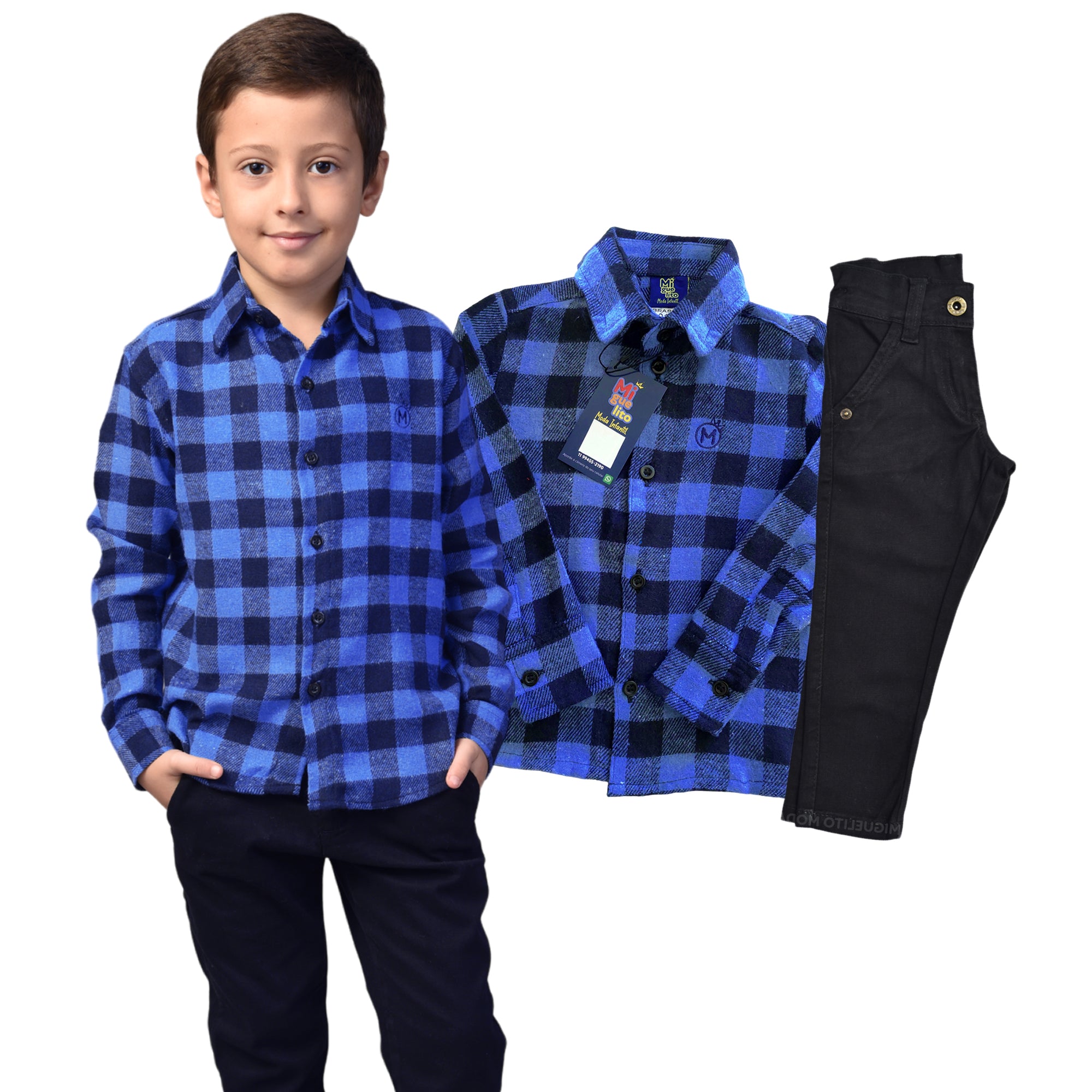 Conjunto Infantil Camisa Xadrez e Calça Jeans Preta pronta entrega