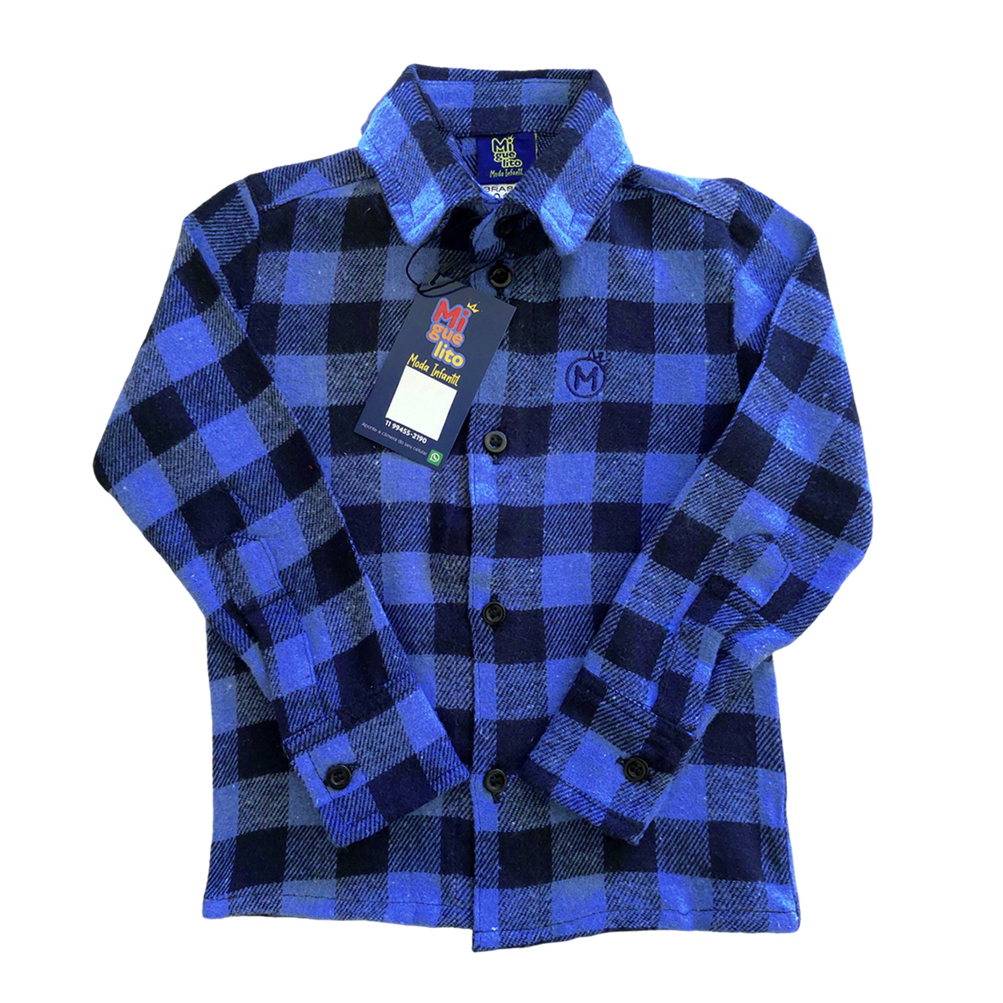 Camisa Xadrez Flanelada Masculina Azul Bebê- Infantil Tam. 1 ao 8 anos