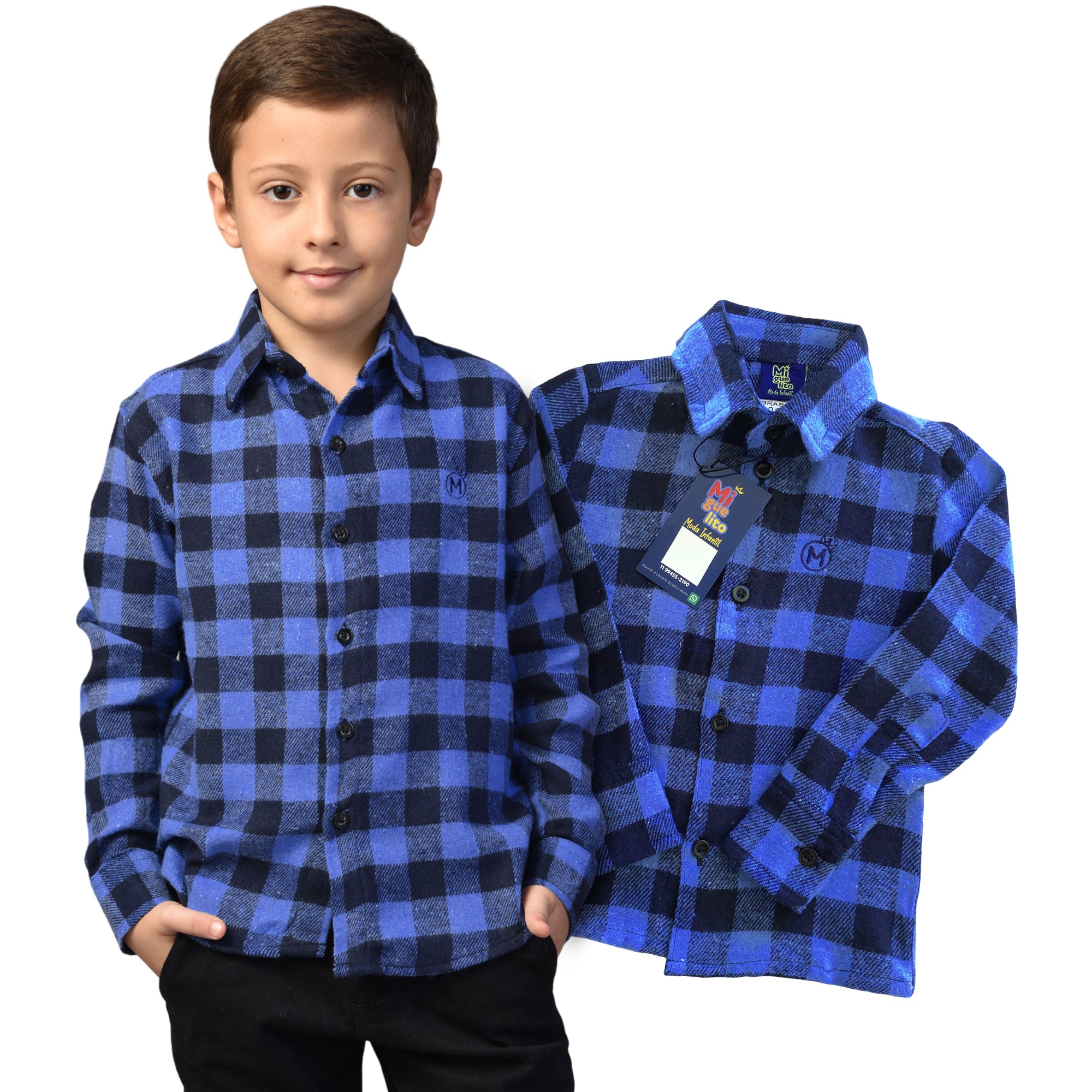 Camisa Xadrez Flanelada Masculina Azul Bebê- Infantil Tam. 1 ao 8 anos