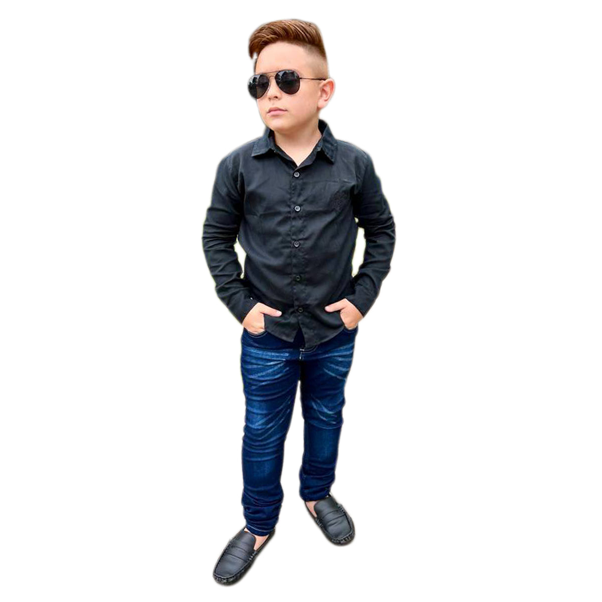 Conjunto Masculino Infantil Camisa Social Azul + Calça Jeans (Atacado)