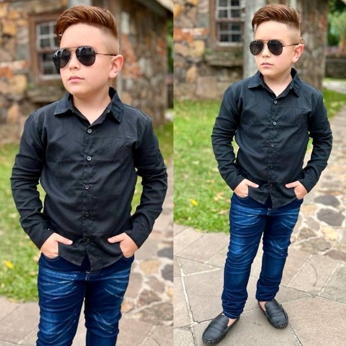 Conjunto Masculino Infantil Camisa Social Azul + Calça Jeans (Atacado)