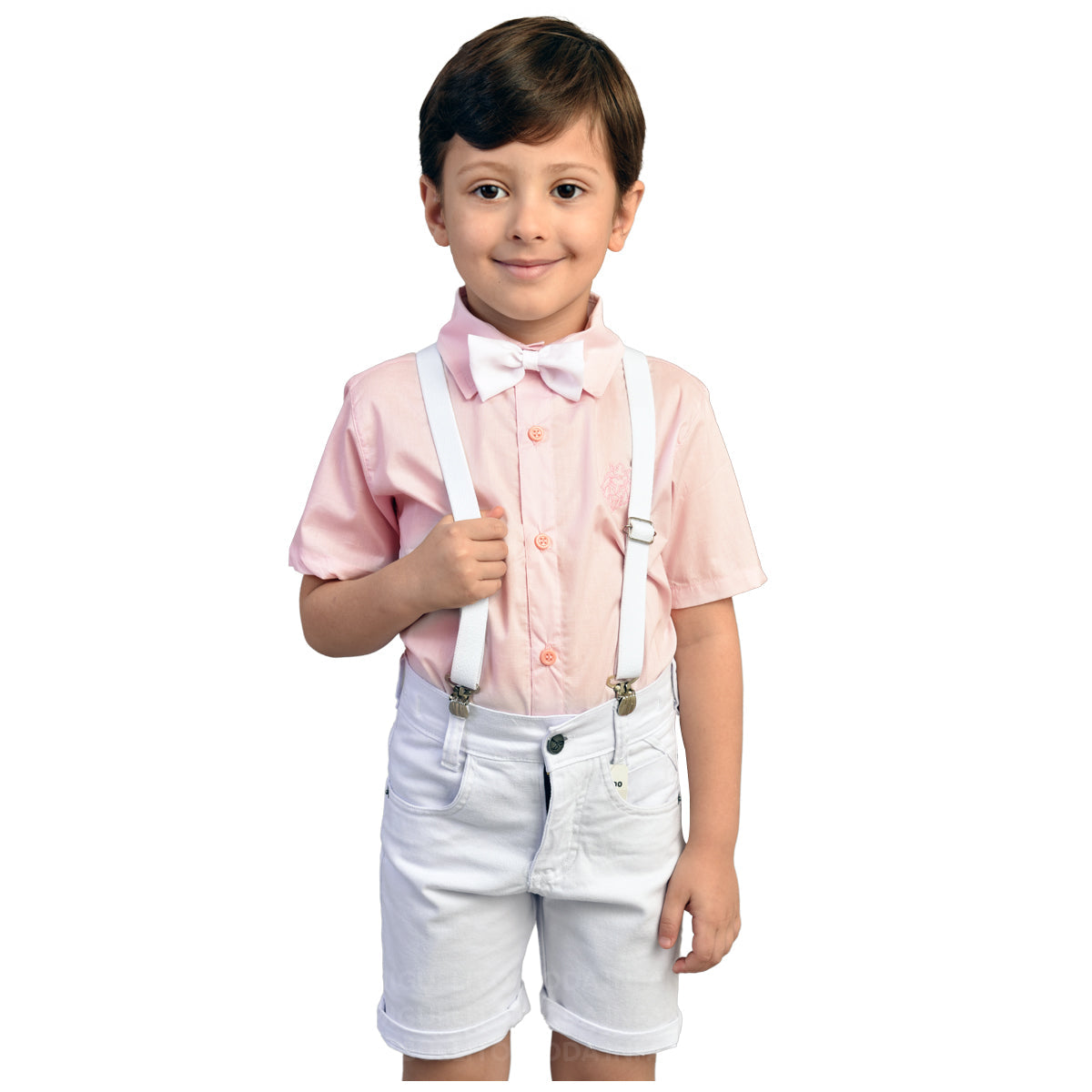 Conjunto Camisa Rosa Bebê - Bermuda Branca Festa P ao 8 anos anos (Atacado)