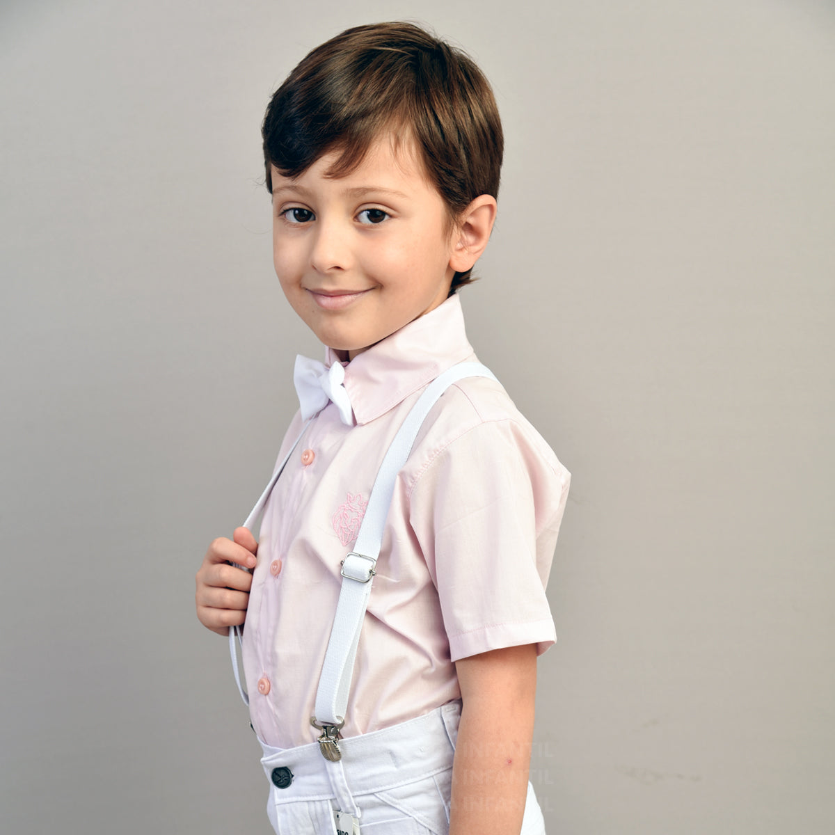 Conjunto Camisa Rosa Bebê - Bermuda Branca Festa P ao 8 anos anos (Atacado)