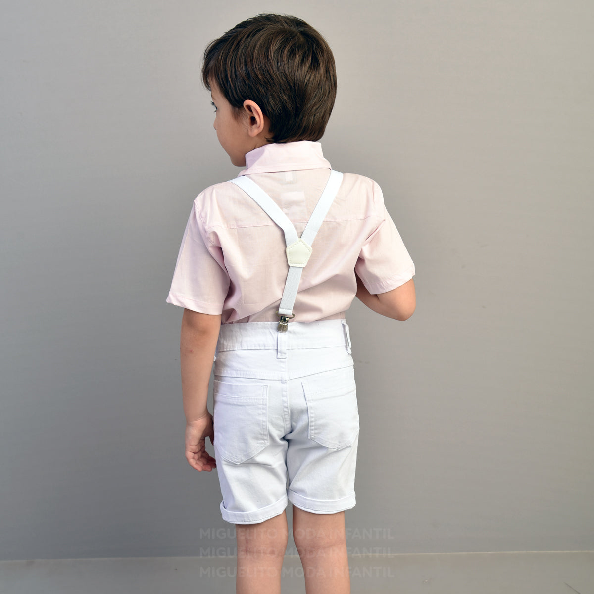 Conjunto Camisa Rosa Bebê - Bermuda Branca Festa P ao 8 anos anos (Atacado)