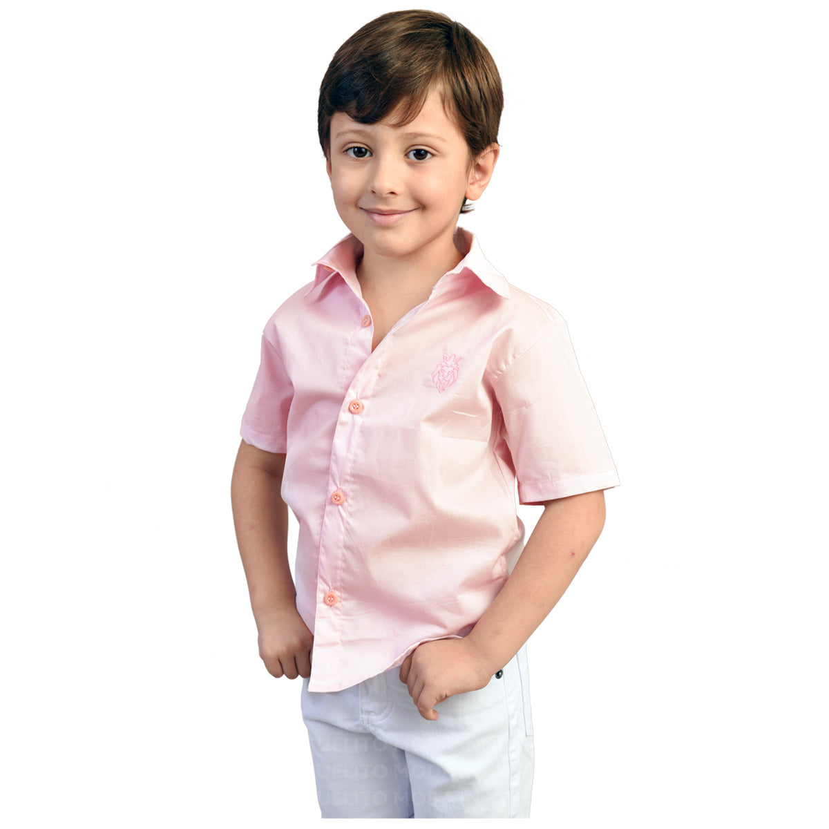 Conjunto Camisa Rosa Bebê - Bermuda Branca Festa P ao 8 anos anos (Atacado)