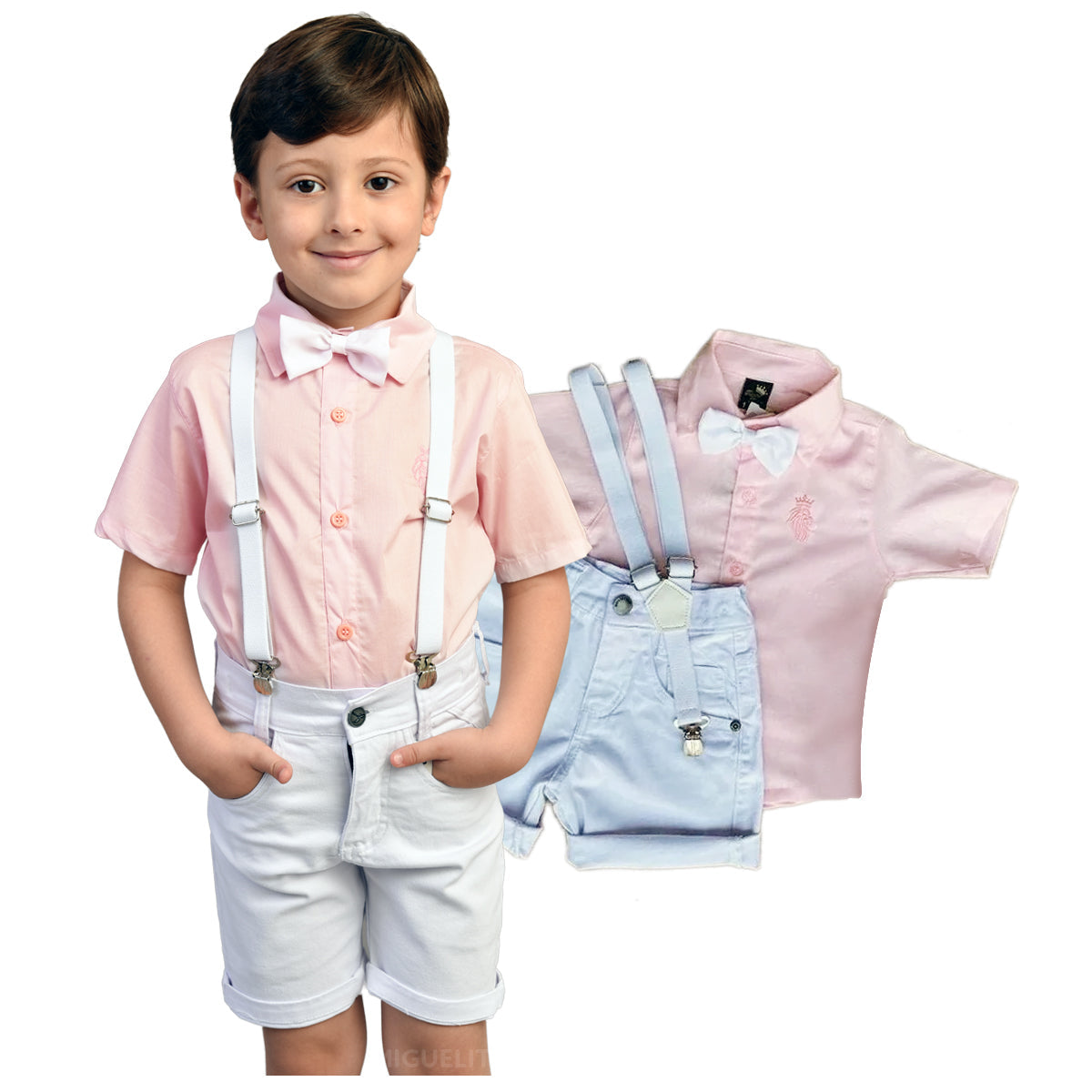 Conjunto Camisa Rosa Bebê - Bermuda Branca Festa P ao 8 anos anos (Atacado)