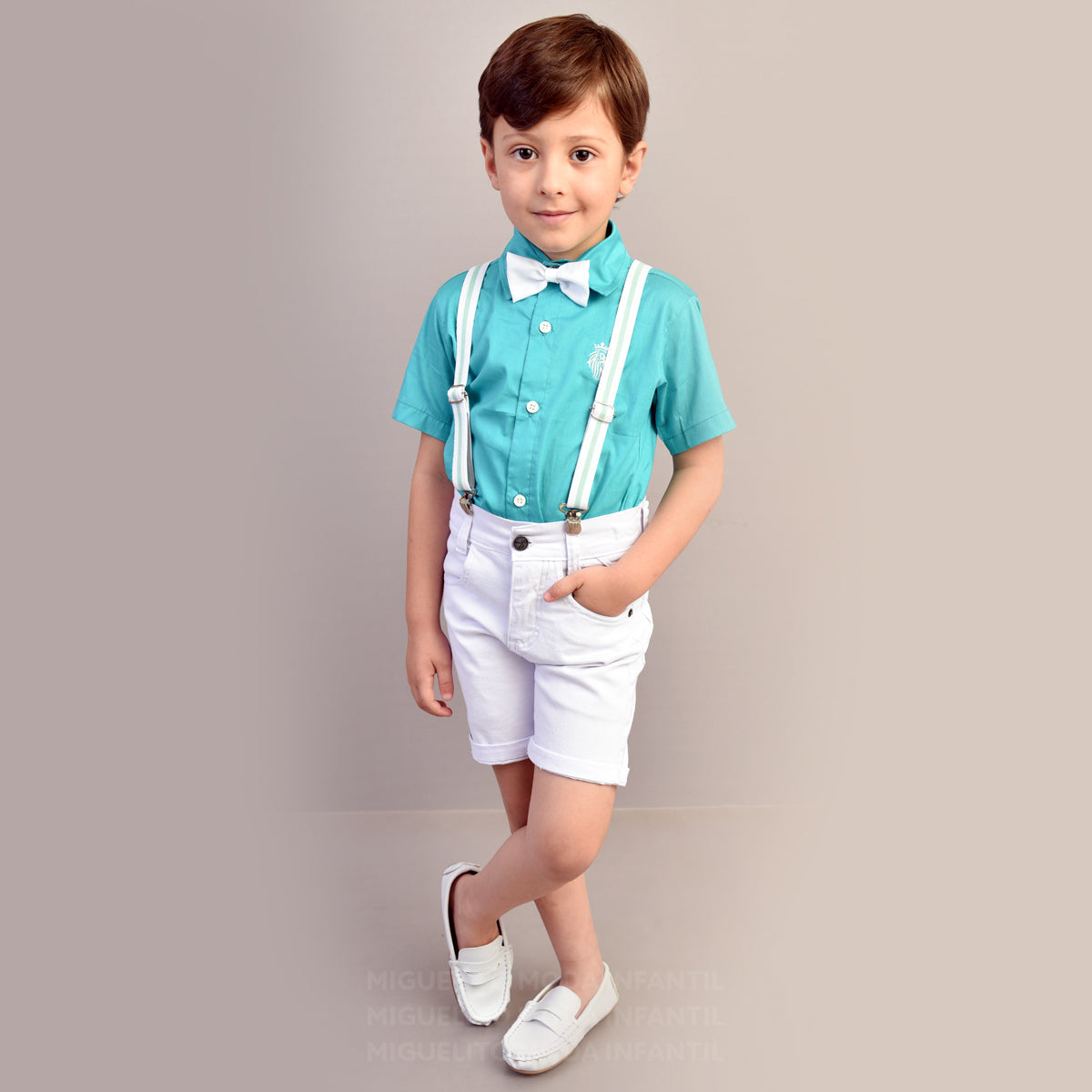Camisa Social Verde Bermuda Branca Menino Sport Fino P ao 8 anos (Atacado)