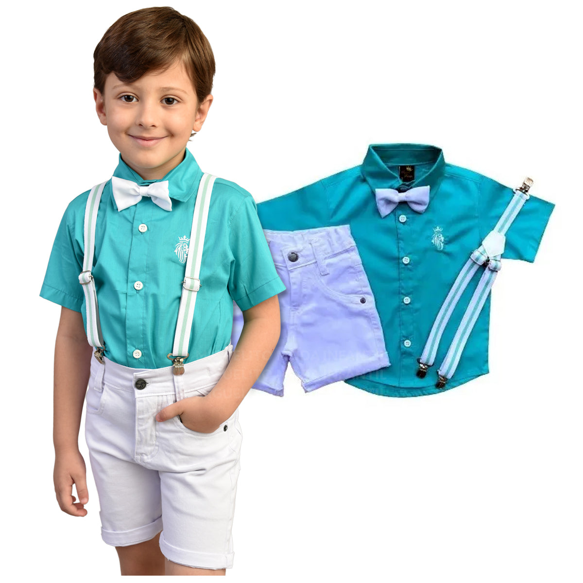 Camisa Social Verde Bermuda Branca Menino Sport Fino P ao 8 anos (Atacado)