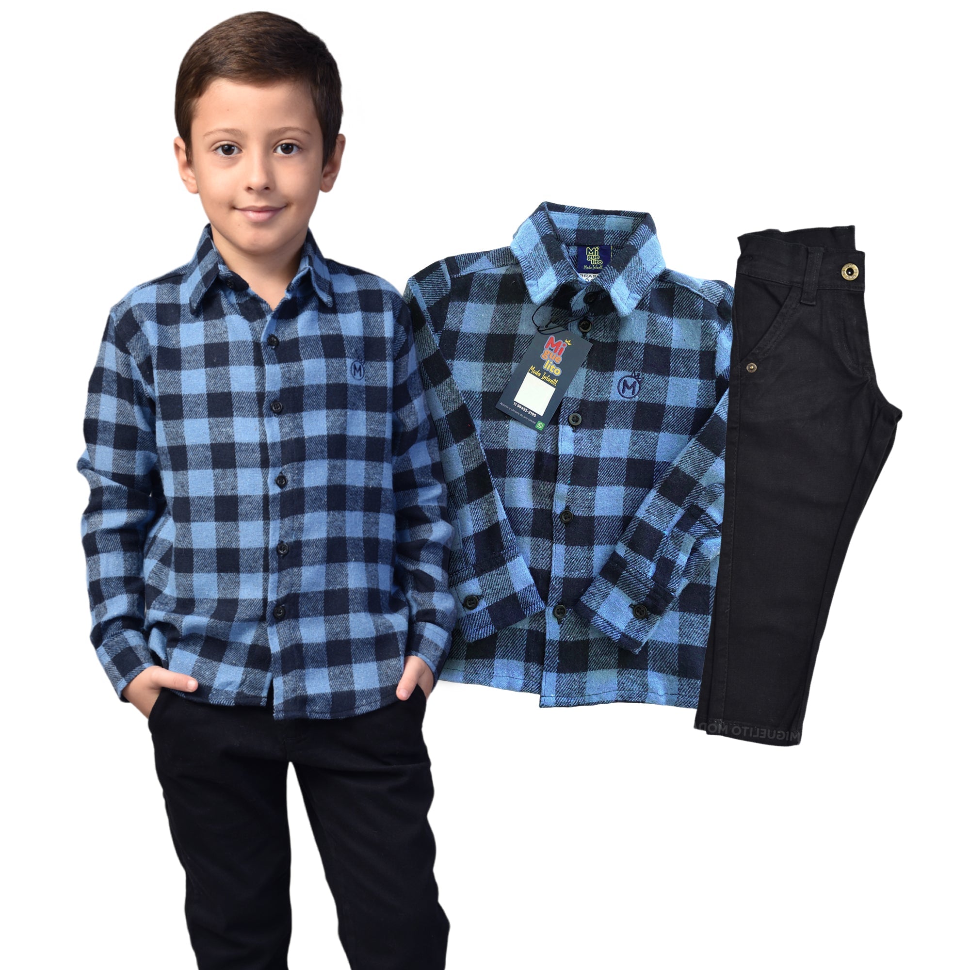 Conjunto Infantil Camisa Xadrez e Calça Jeans Preta pronta entrega (Atacado)