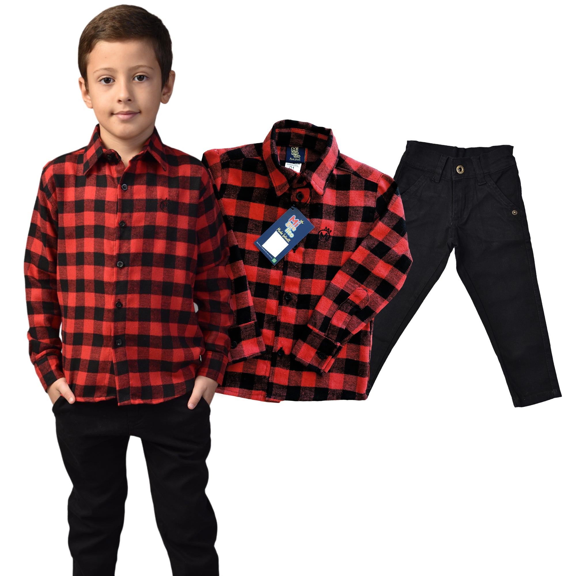 Conjunto Infantil Camisa Xadrez e Calça Jeans Preta pronta entrega