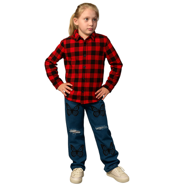 Camisa Xadrez + Calça Jeans Borboleta Menina 2 ao 10 anos