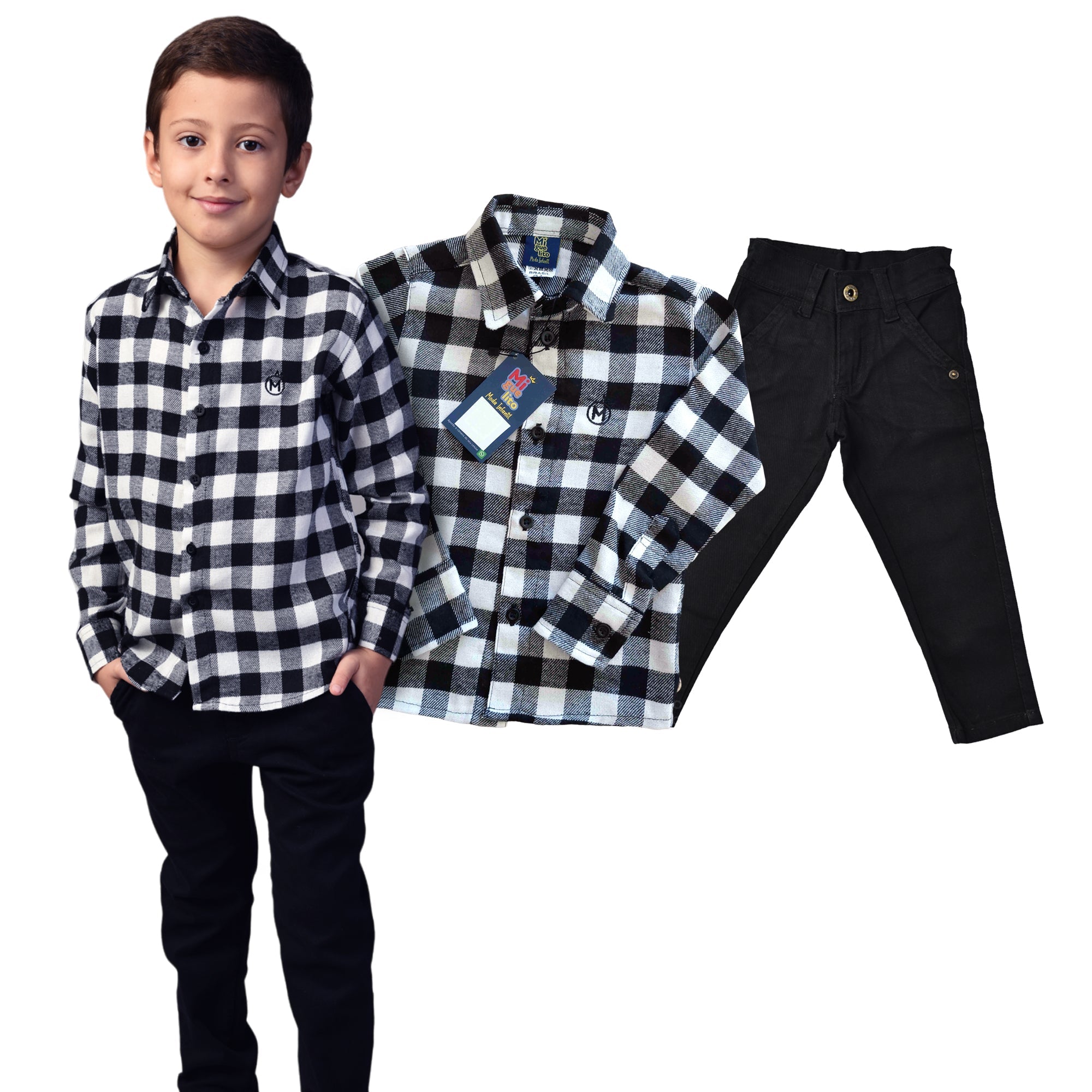 Conjunto Infantil Camisa Xadrez e Calça Jeans Preta pronta entrega (Atacado)