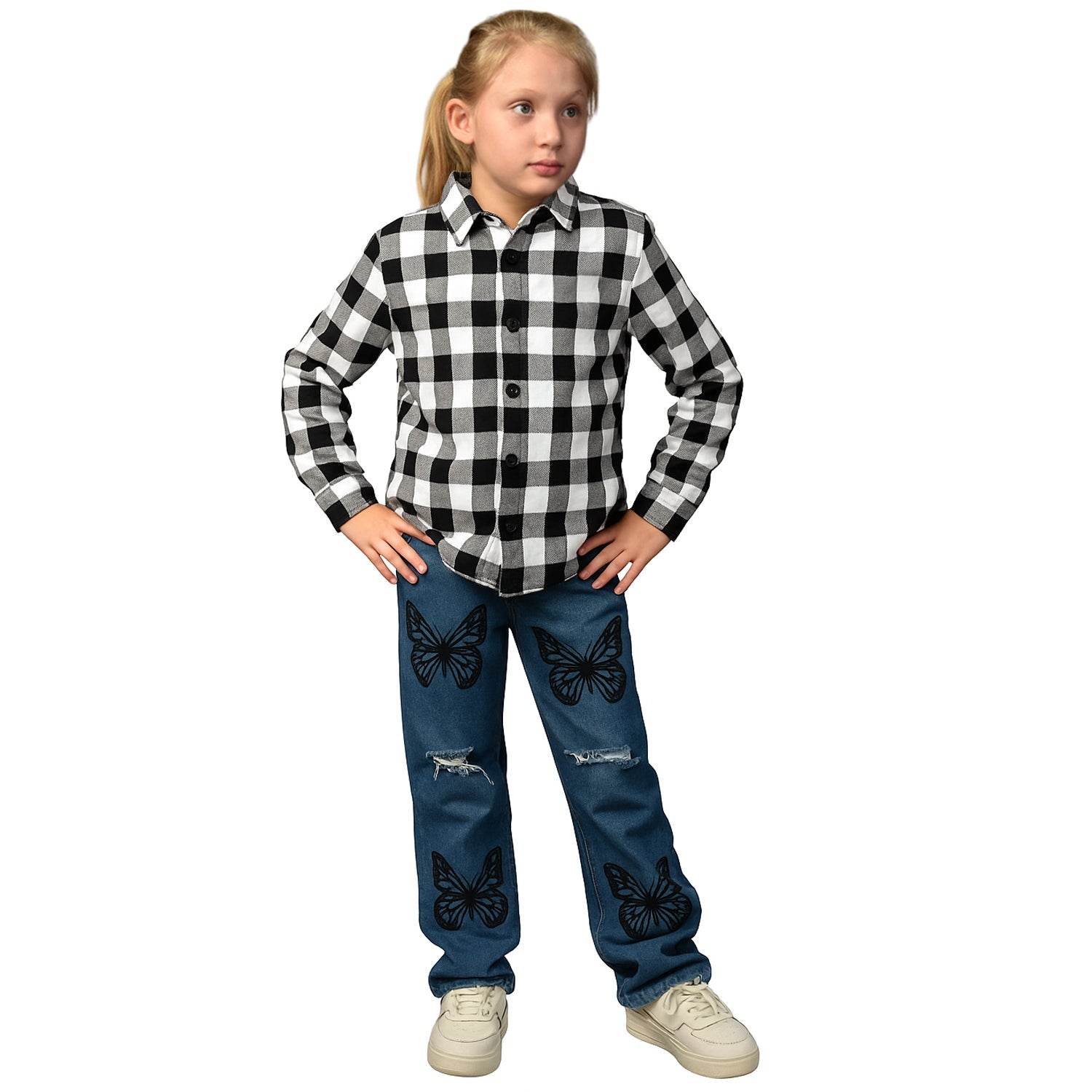 Camisa Xadrez + Calça Jeans Borboleta Menina 2 ao 10 anos (Atacado)