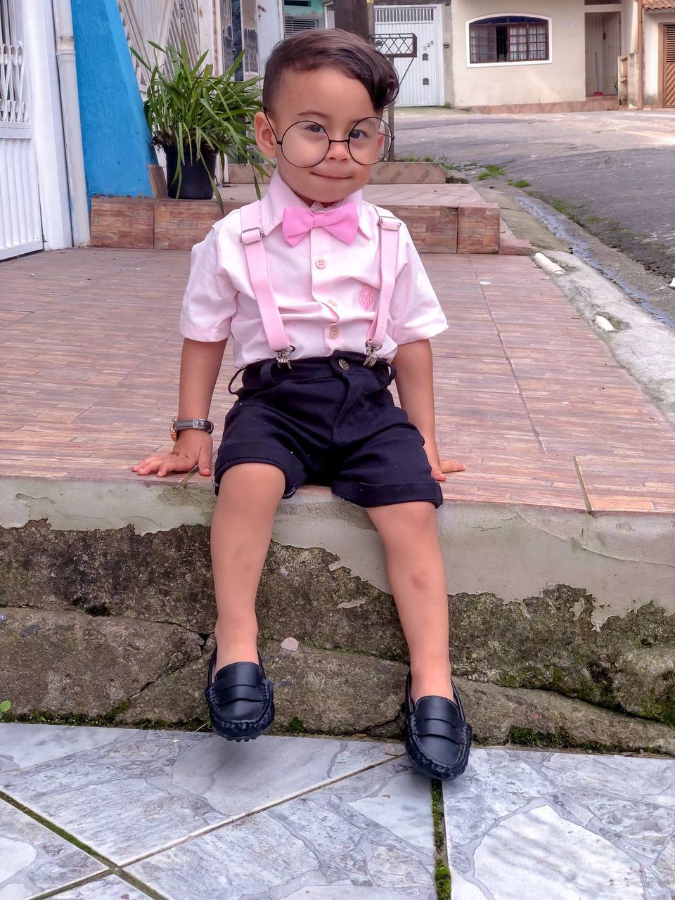 Conjunto Menino Camisa Rosa Bebê + Bermuda Preta P ao 16 anos (Atacado)