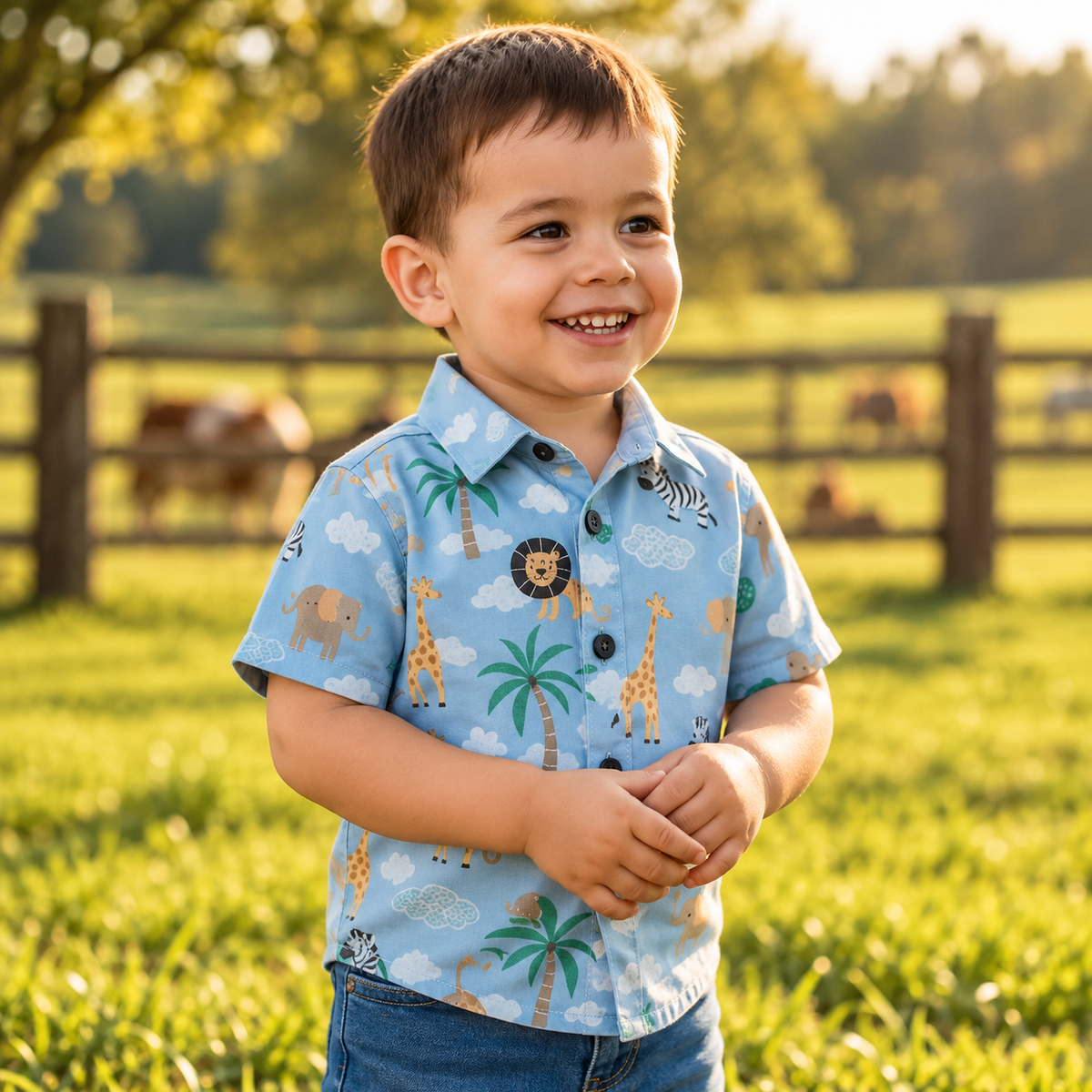 Camisa Social Infantil Safari Arca de Noé Zoológico Fazendinha Mesversário Aniversário Menino
