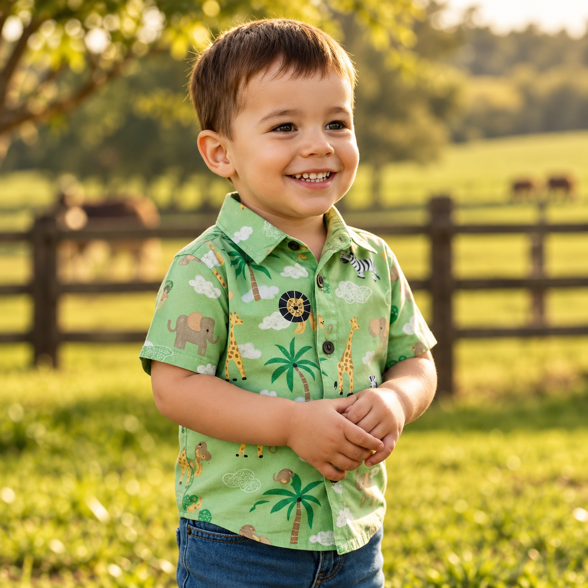 Camisa Social Infantil Safari Arca de Noé Zoológico Fazendinha Mesversário Aniversário Menino