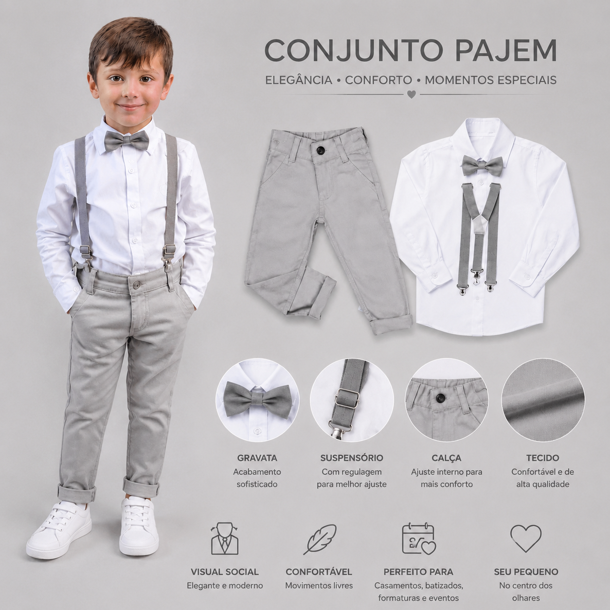 Conjunto Roupa Casamento Cinza Gravata e Suspensório Várias cores Infantil e Juvenil