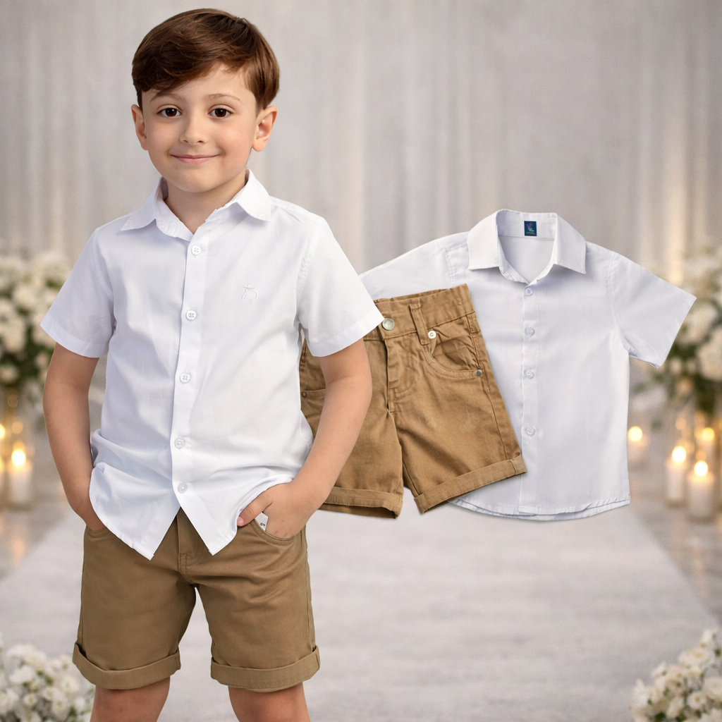 Camisa Social Branca Bermuda Caramelo P ao 8 anos