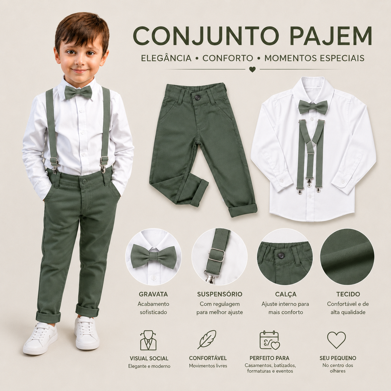 Conjunto Para Casamento Pajem Verde Musgo e Verde Oliva 1 ao 16 anos