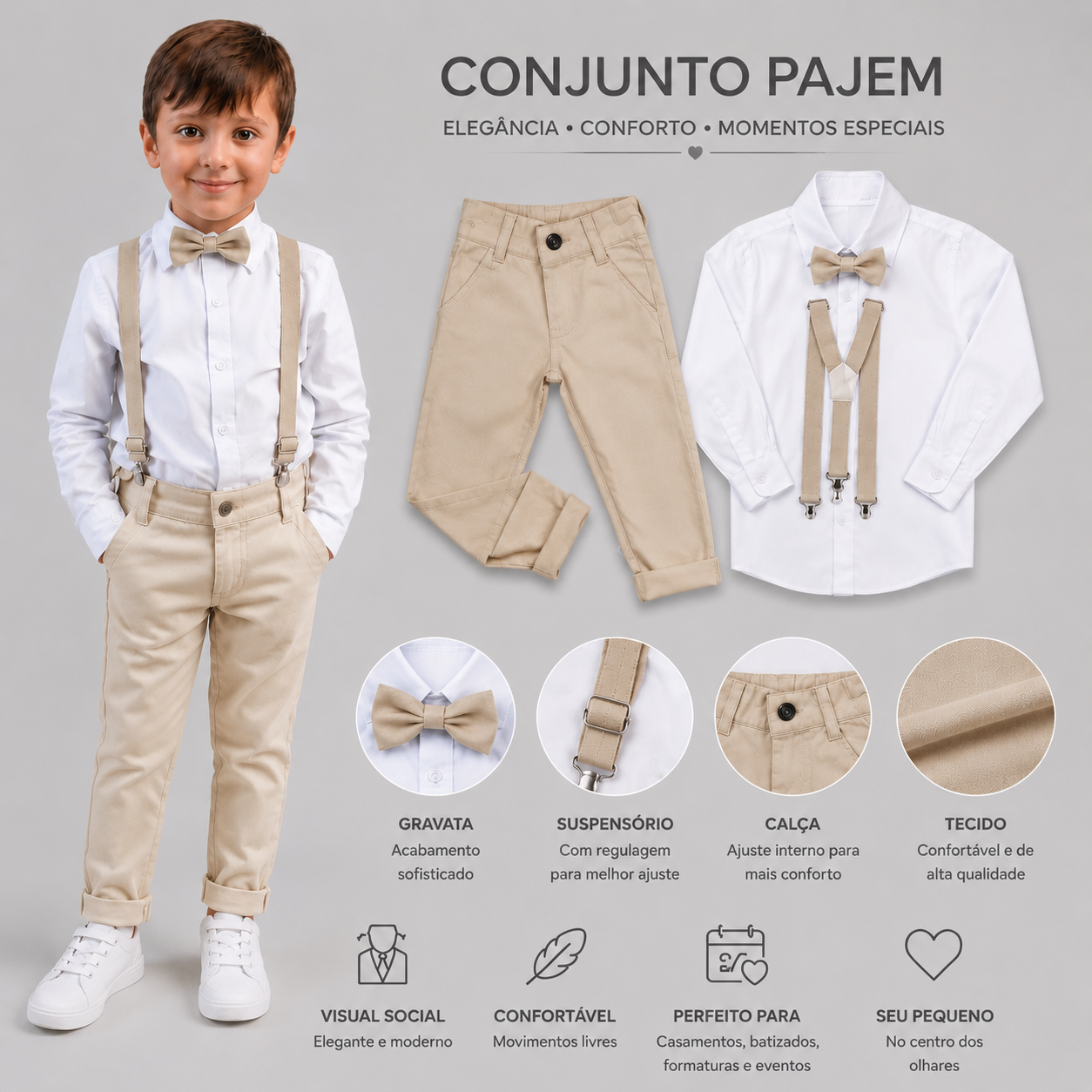 Conjunto Casamento Bege Suspensório e Gravata Várias Cores Infantil