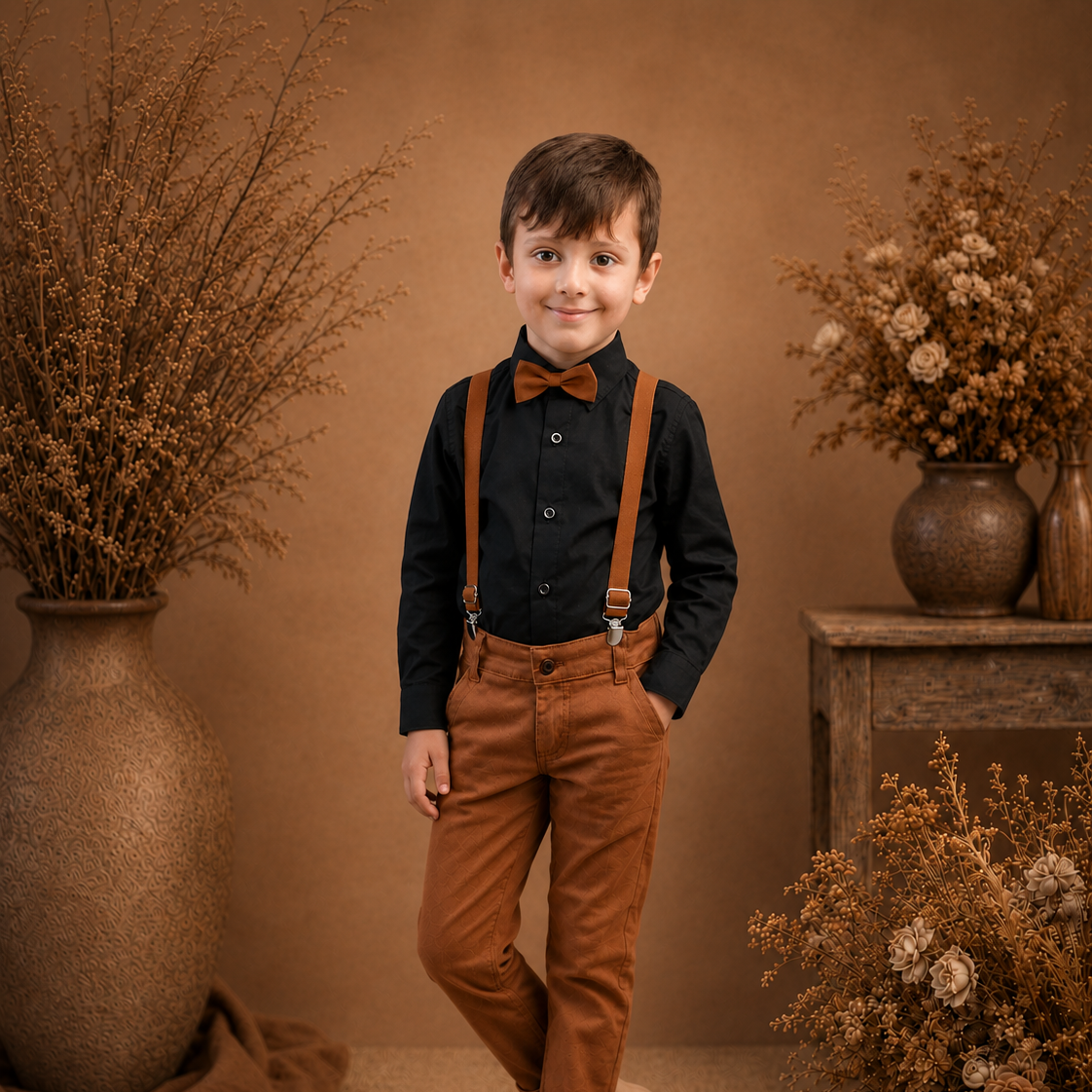 Conjunto Pajem Infantil Social: Camisa Preta Manga Longa e Calça Caramelo com Suspensório