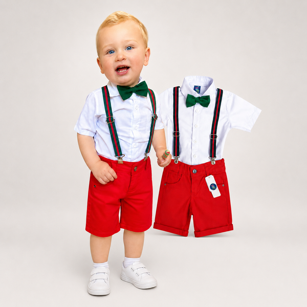 Roupa Natal Menino Infantil bebê - Camisa Bermuda Gravata P ao 8 anos