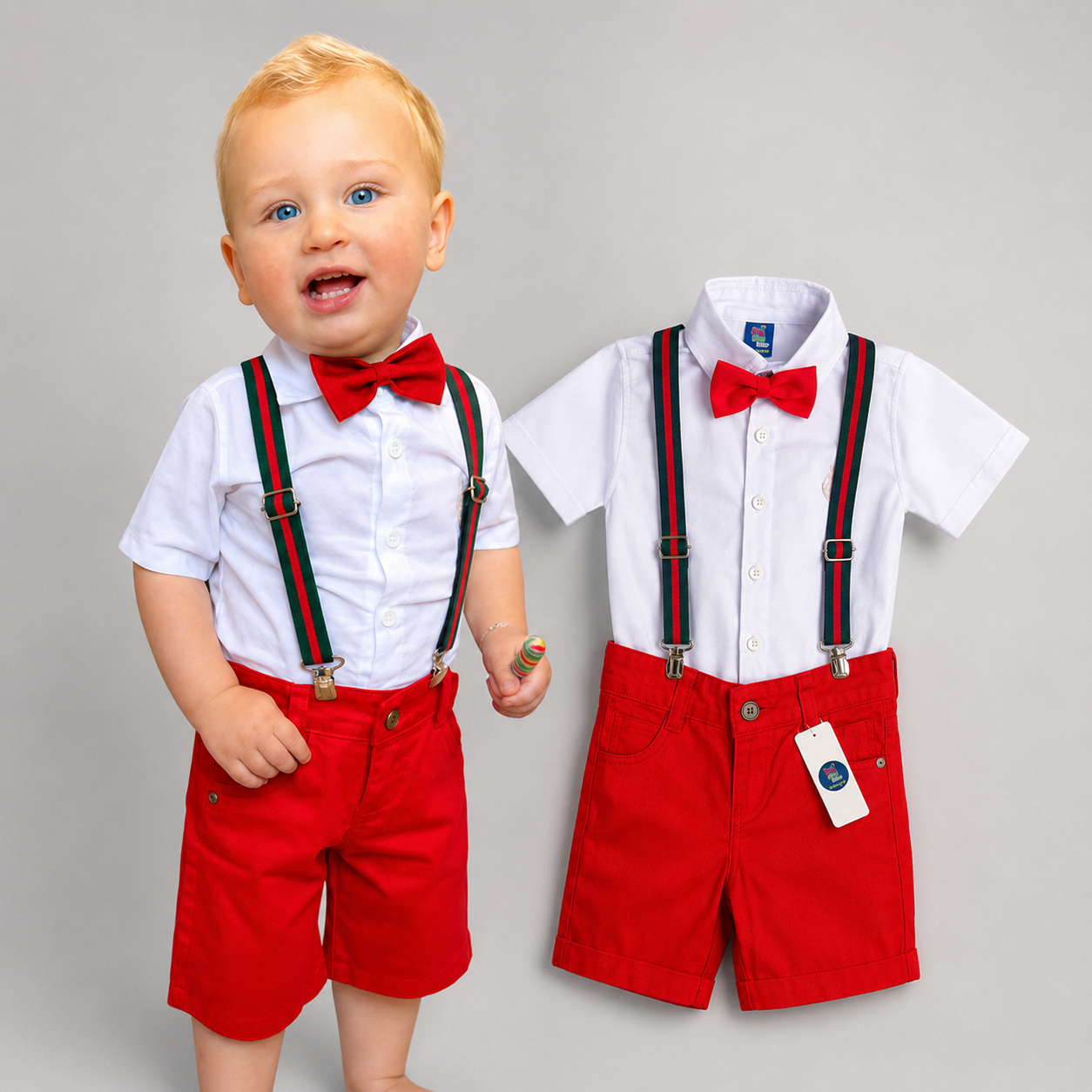 Roupa Natal Menino Infantil bebê - Camisa Bermuda Gravata P ao 8 anos