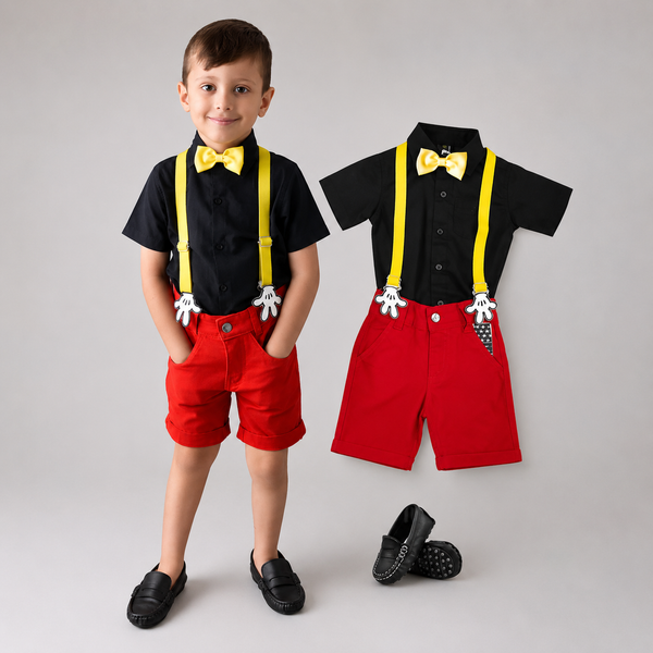 Conjunto Social Infantil Camisa Preta Bermuda Vermelha com Mocassim Mickey