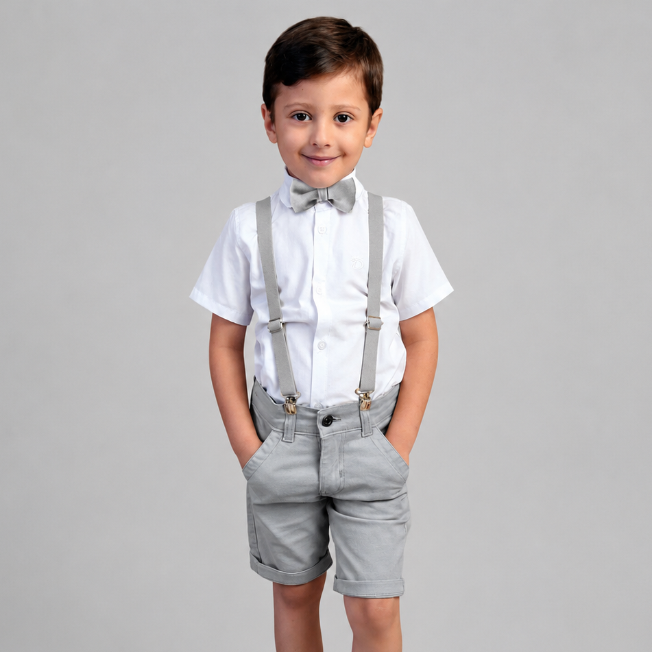 Conjunto Batizado Cinza Camisa Manga Curta e Bermuda  P ao  16 anos