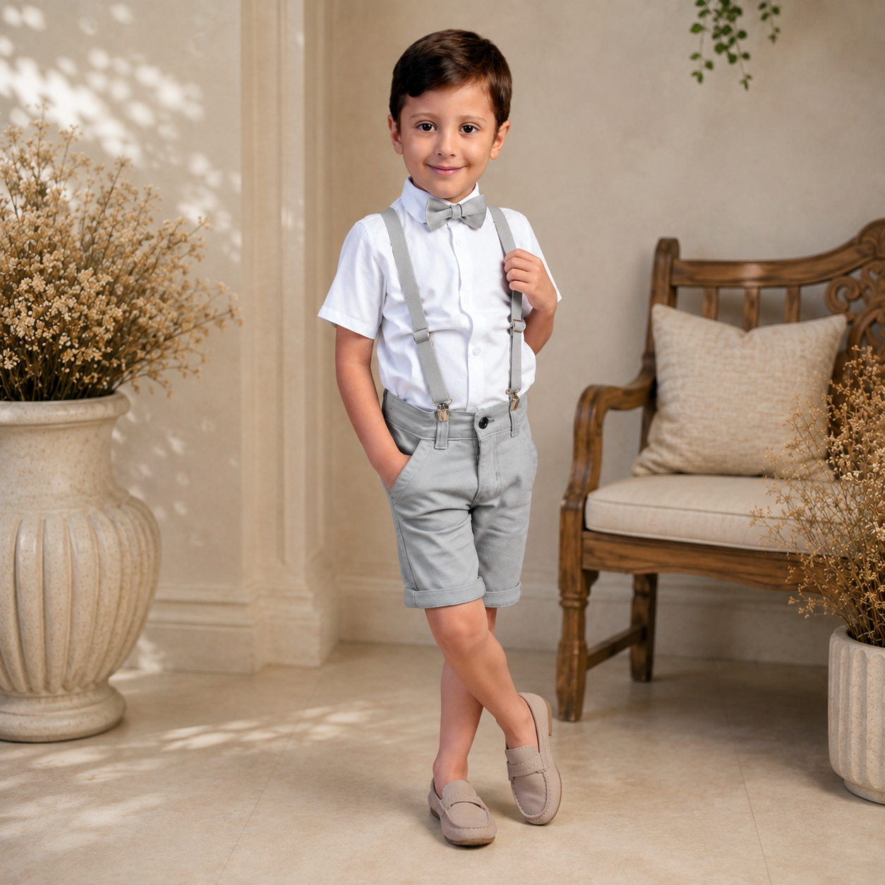 Conjunto Batizado Cinza Camisa Manga Curta e Bermuda  P ao  16 anos