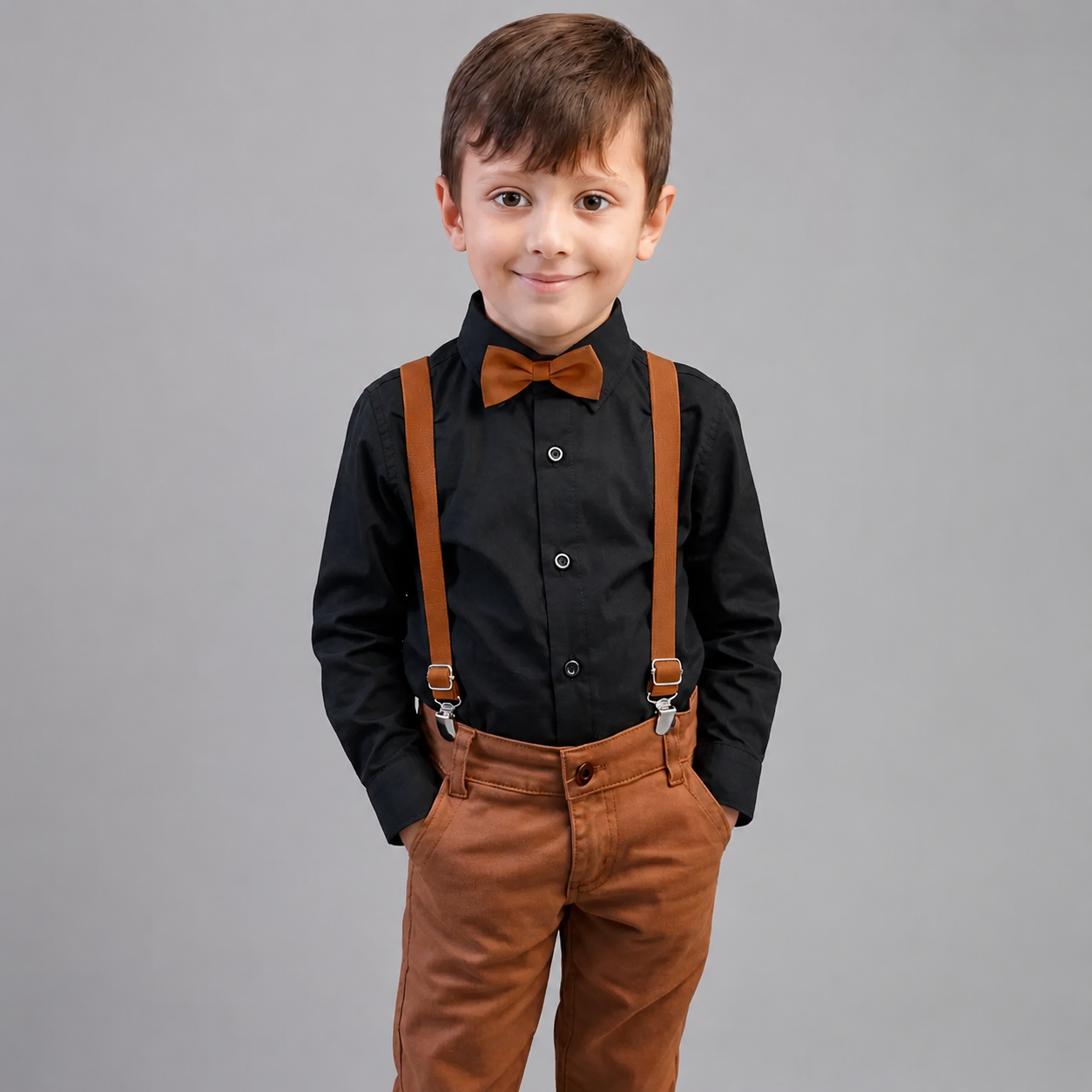 Conjunto Pajem Infantil Social: Camisa Preta Manga Longa e Calça Caramelo com Suspensório