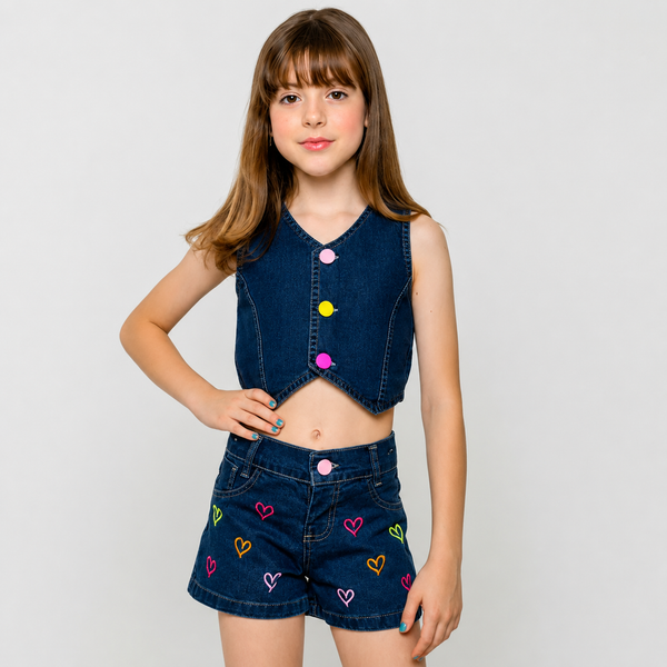 Conjunto Shorts e Cropped Jeans Coração