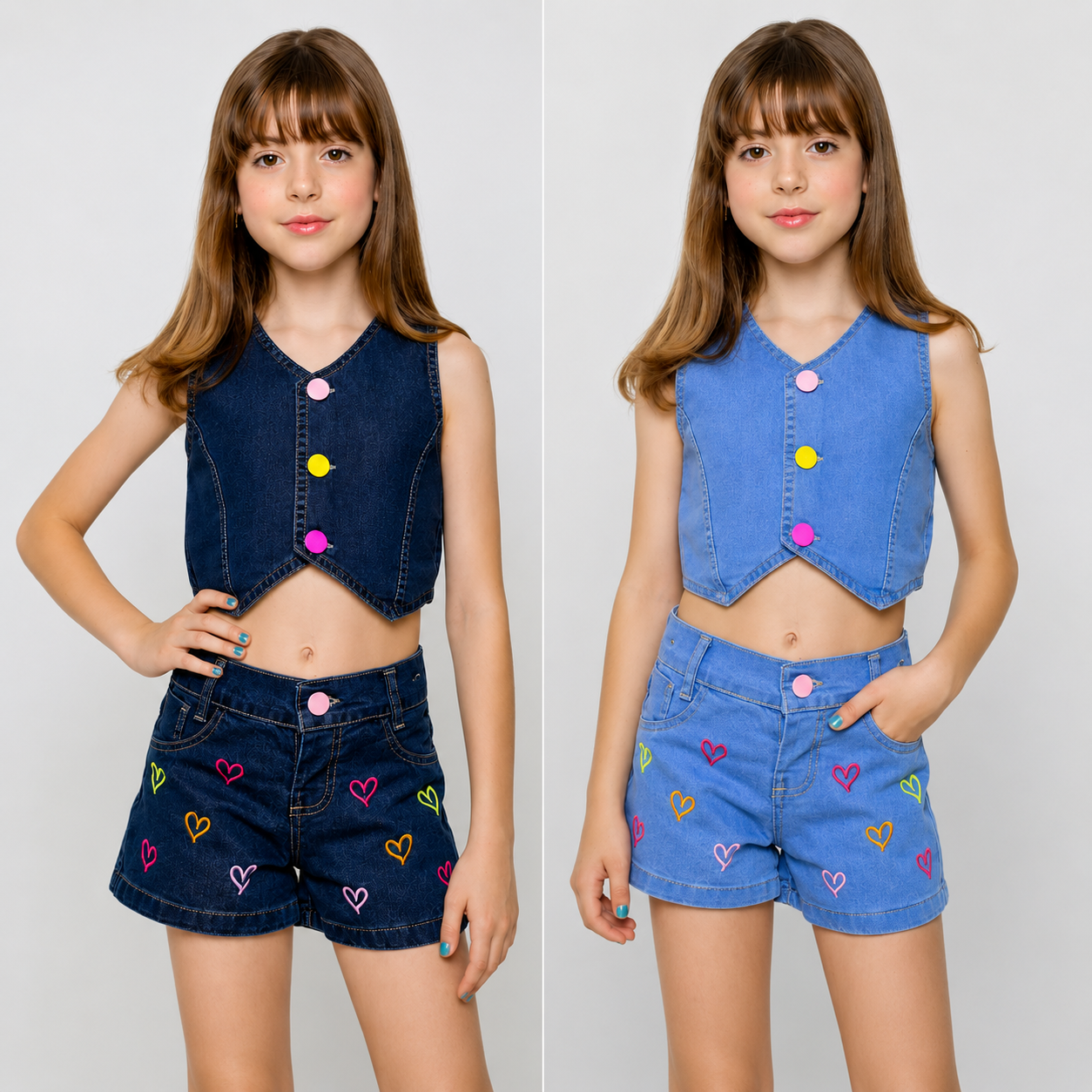 Conjunto Shorts e Cropped jeans Coração feminino 2 ao 8 anos