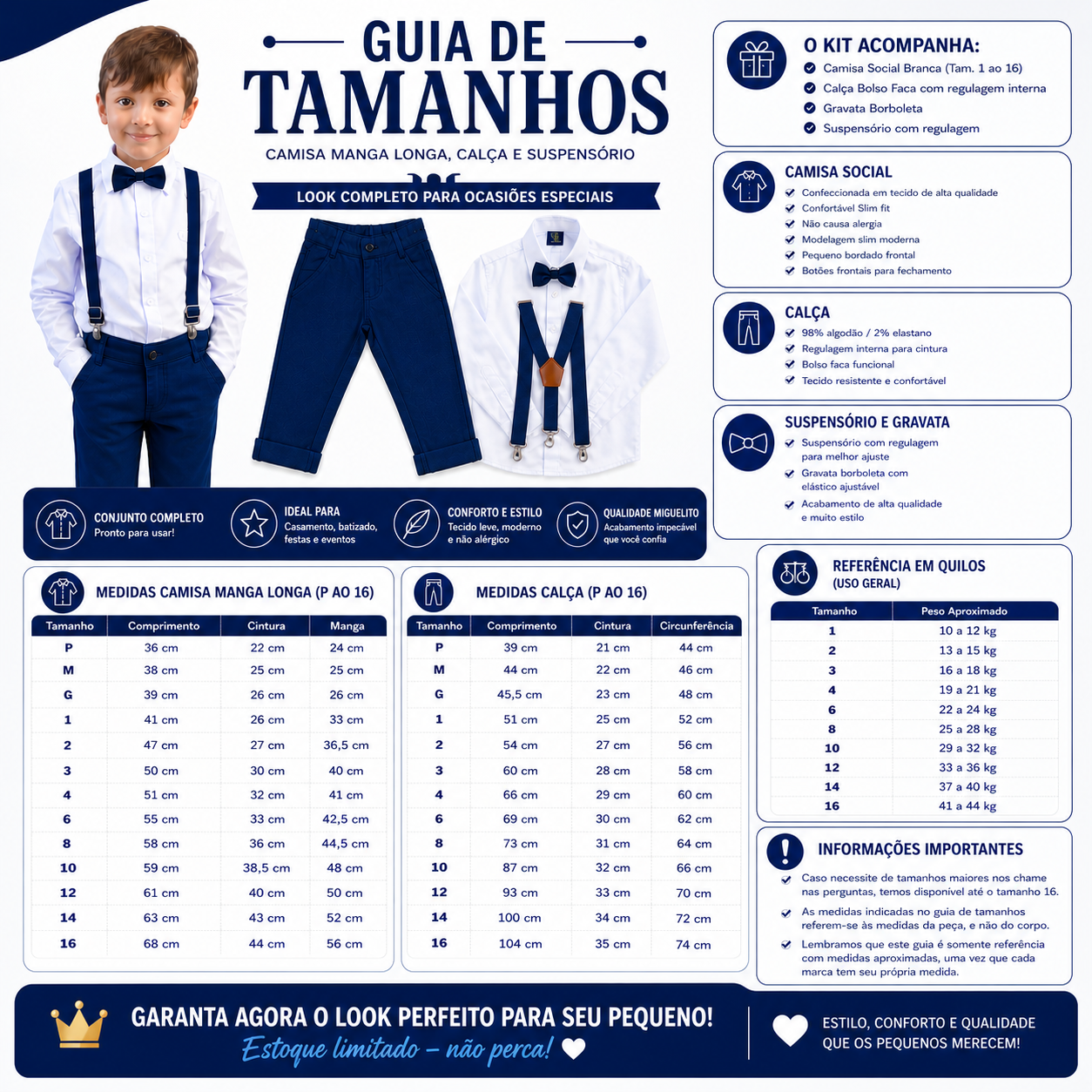 Conjunto Formatura Azul Bebê Manga Longa Infantil e Juvenil P ao 16 anos