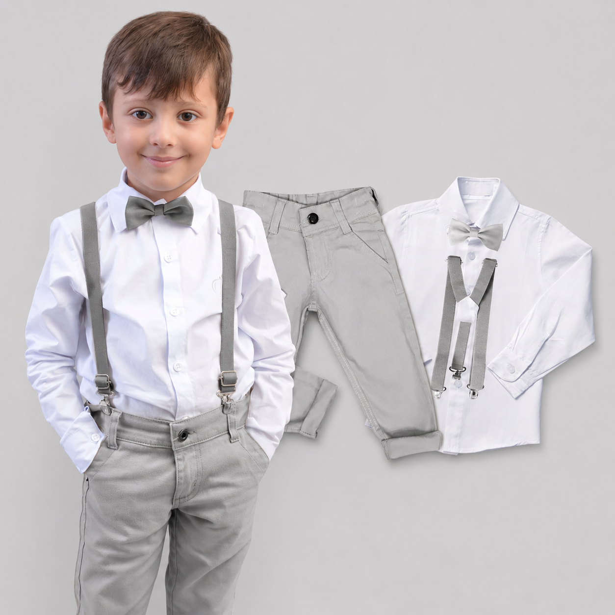Conjunto Roupa Casamento Cinza Gravata e Suspensório Várias cores Infantil e Juvenil