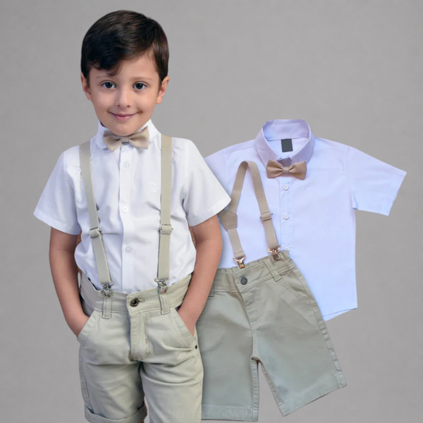 Roupa Infantil Camisa Social Bermuda Bege Menino  Festa Suspensório e gravata Varias Cores P ao 8 anos