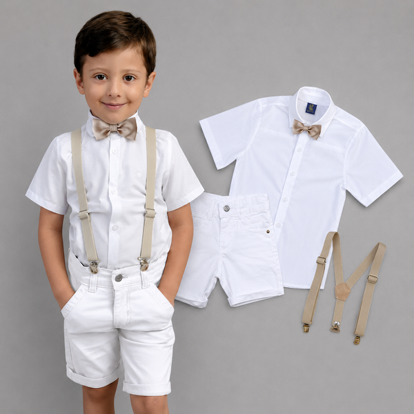 Roupa Social Menino Bermuda e Camisa Manga Curta Branca Várias cores Suspensório e Gravata P ao 8 anos