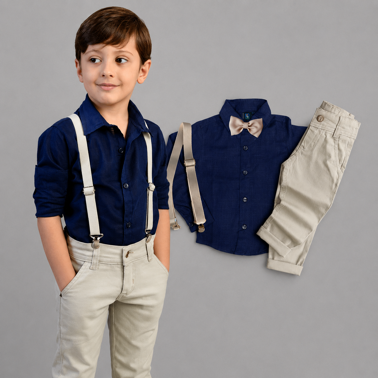 Conjunto Social Manga Longa Azul Marinho Calça Infantil Bege Masculino