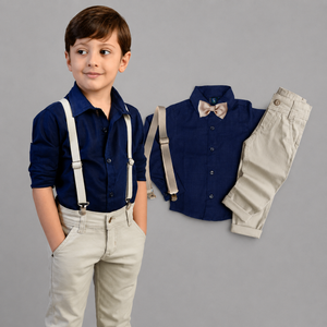 Conjunto Social Manga Longa Azul Marinho Calça Infantil Bege Masculino