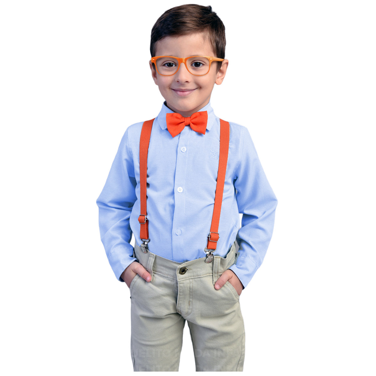Roupa temática ideal para festa Blippi com calça bege com azul bebe P ao 16 anos (Atacado)