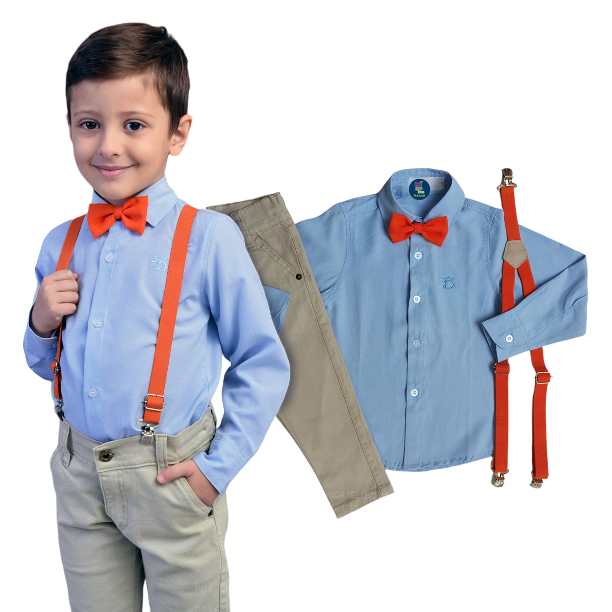 Roupa temática ideal para festa Blippi com calça bege com azul bebe P ao 16 anos (Atacado)