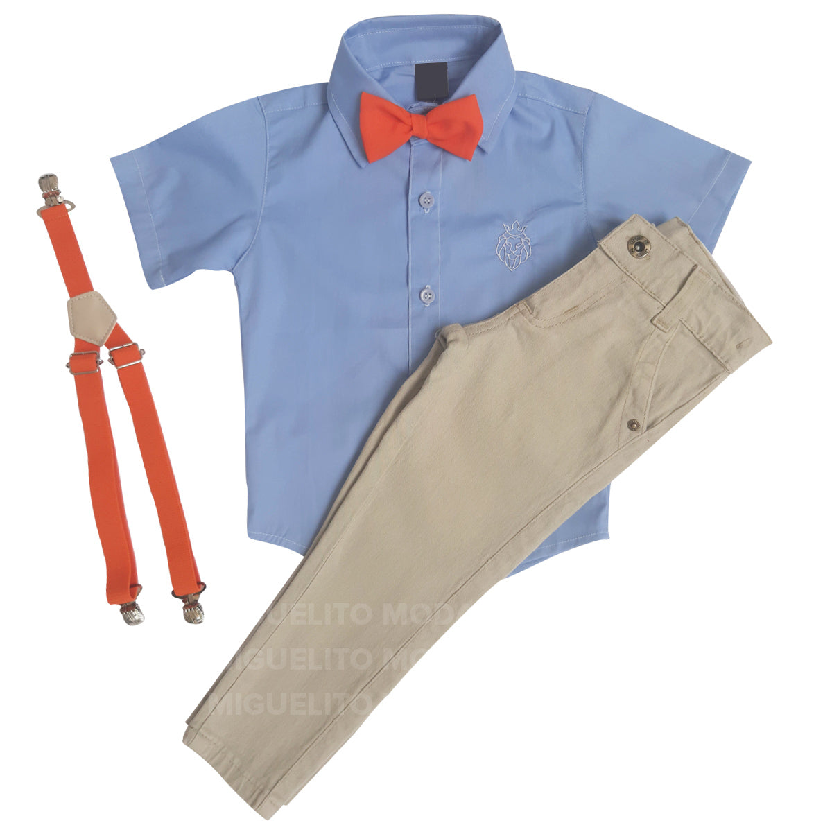 Roupa temática ideal para festa Blippi com calça bege com azul bebe P ao 16 anos (Atacado)