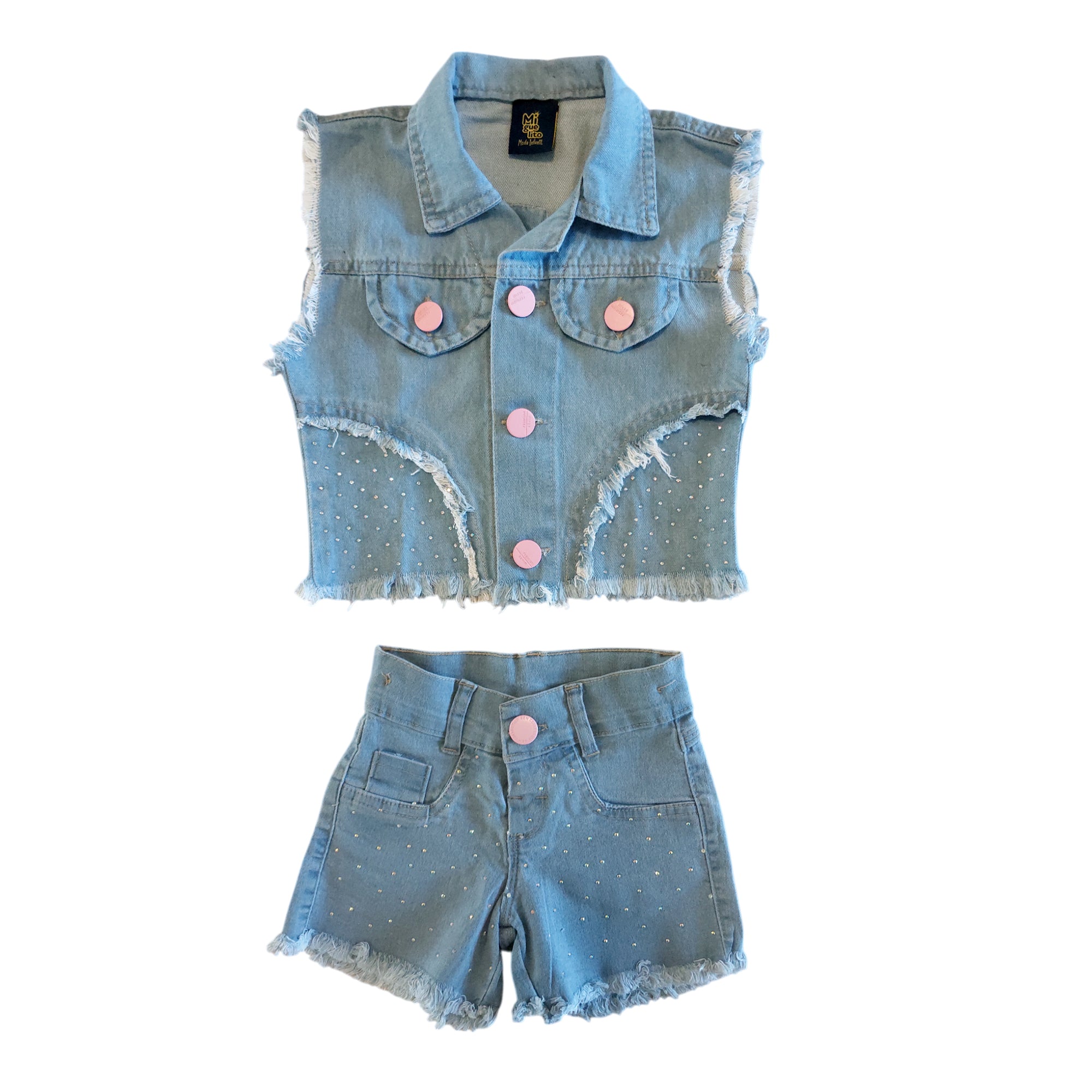 Conjunto Jeans Infantil Menina  Colete e Short Brilho Luxo