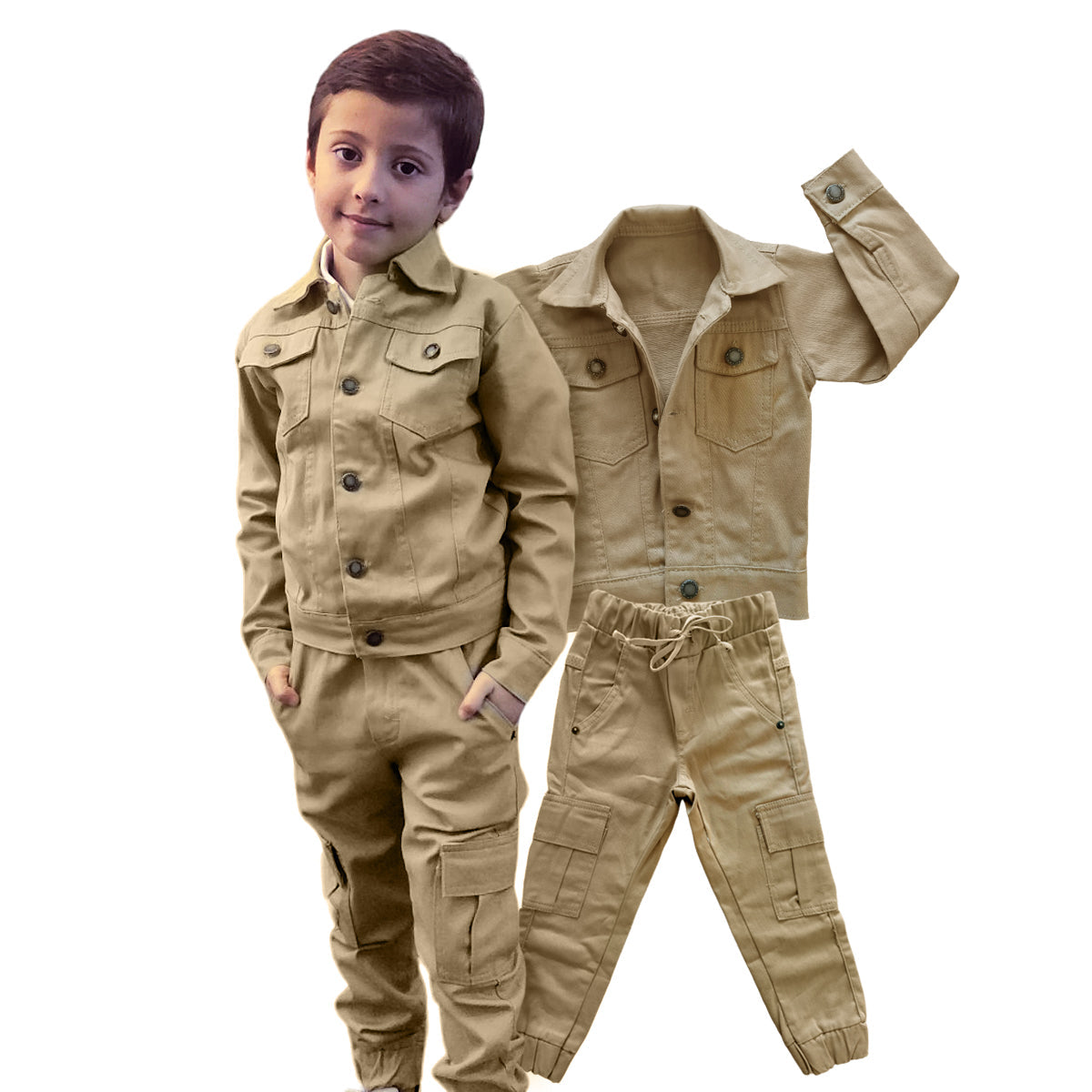 Conjunto com 2 Peças Jaqueta Sarja E Calça Cargo Menino Estiloso 1 ao 8 anos (Atacado)