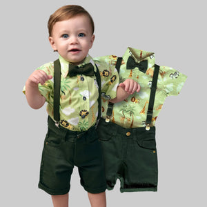 Conjunto Safari camisa verde claro bermuda verde musgo 1 ao 4 anos
