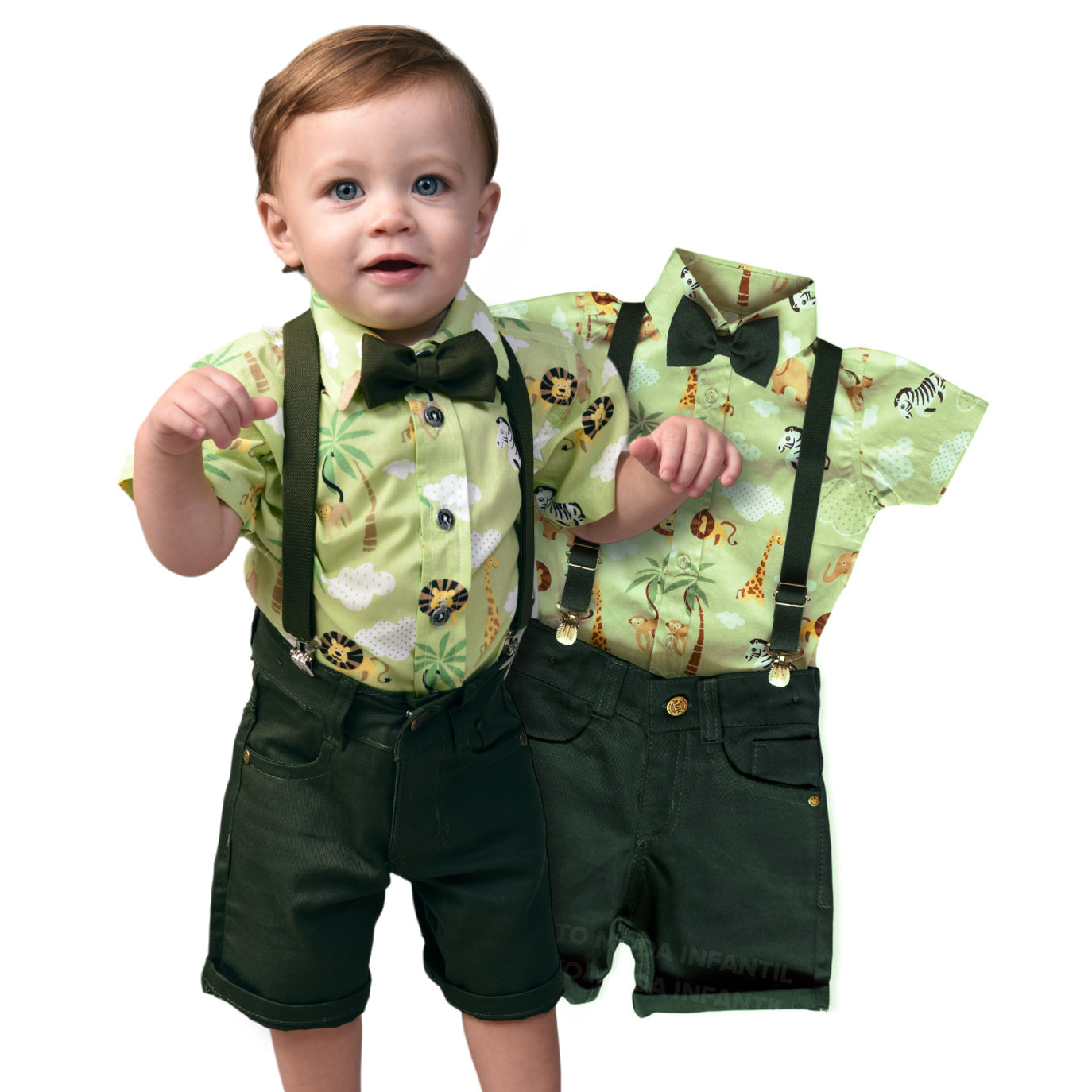 Conjunto Safari camisa verde claro bermuda verde musgo 1 ao 4 anos (Atacado)