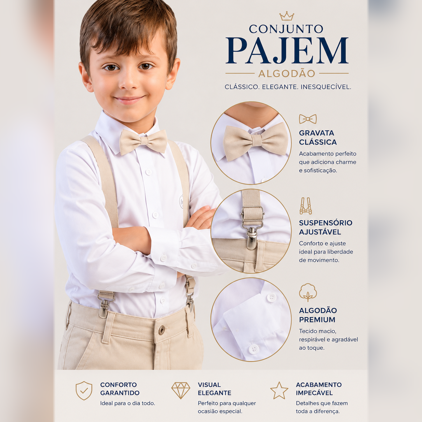 Conjunto Pajem Bege Infantil Manga Longa com Suspensório e Gravata