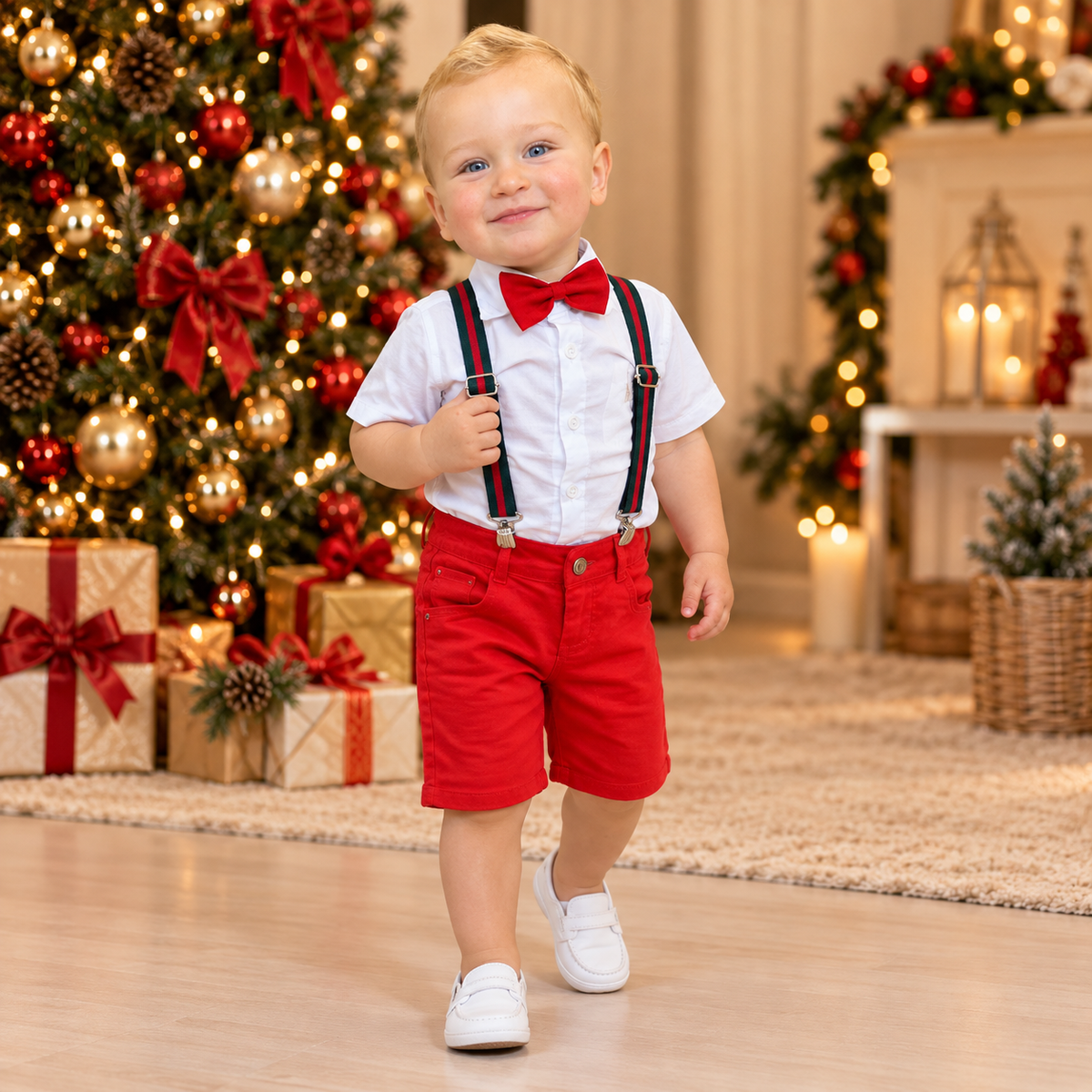 Roupa de Natal Infantil Menino – Conjunto com Bermuda e Gravata