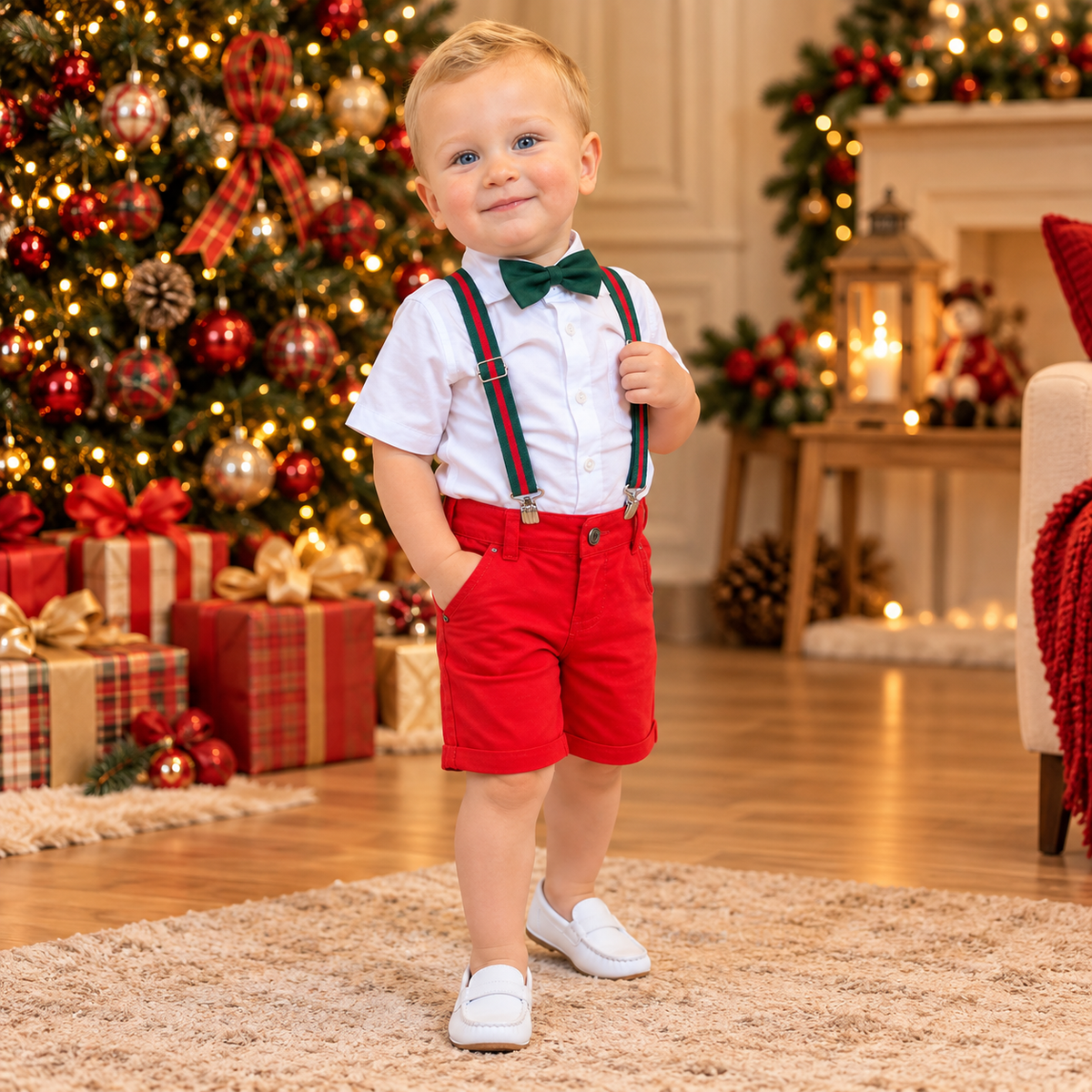 Roupa de Natal Infantil Menino – Conjunto com Bermuda e Gravata